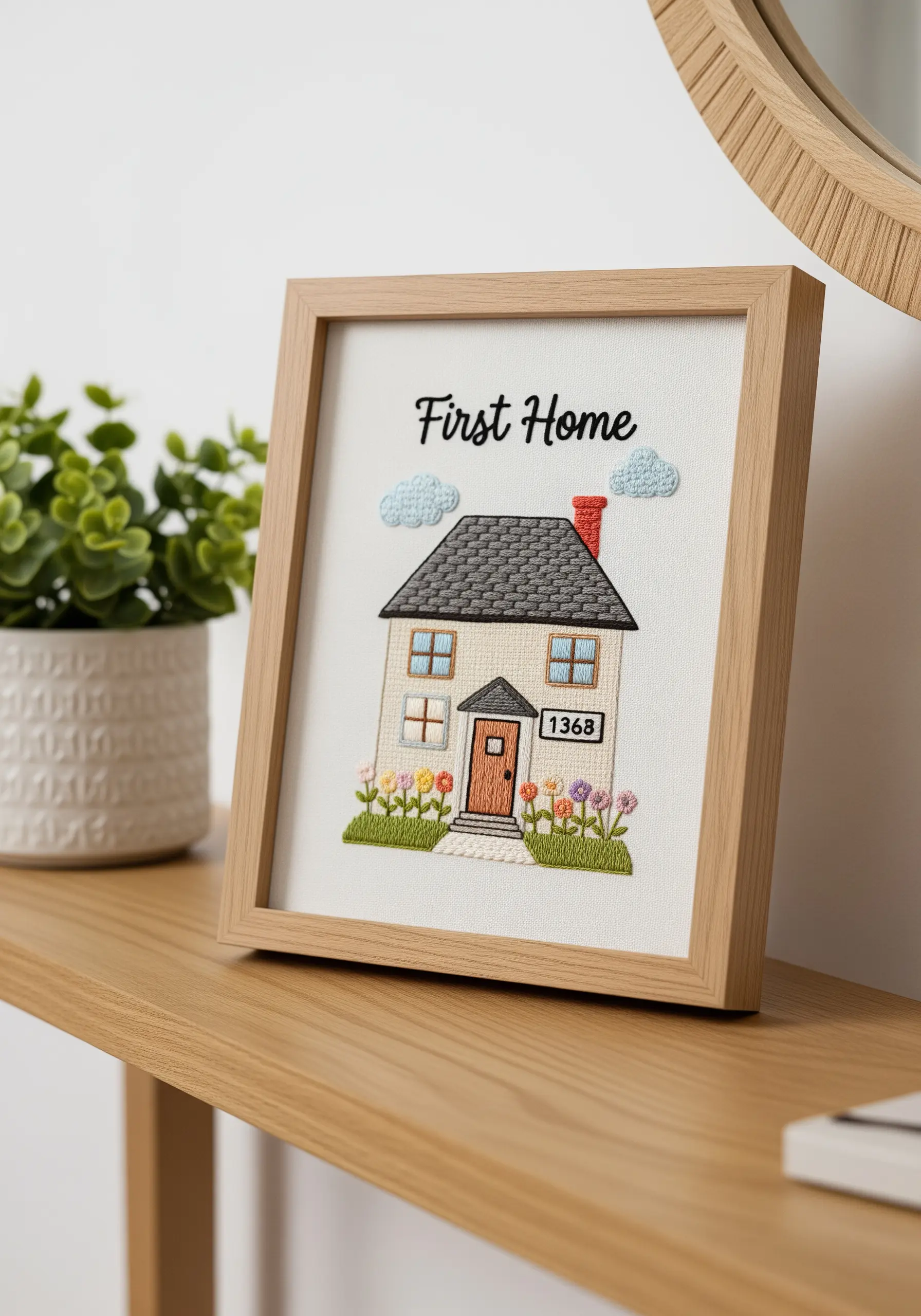 A framed embroidery portrait of a couple's first home with textural stitches.