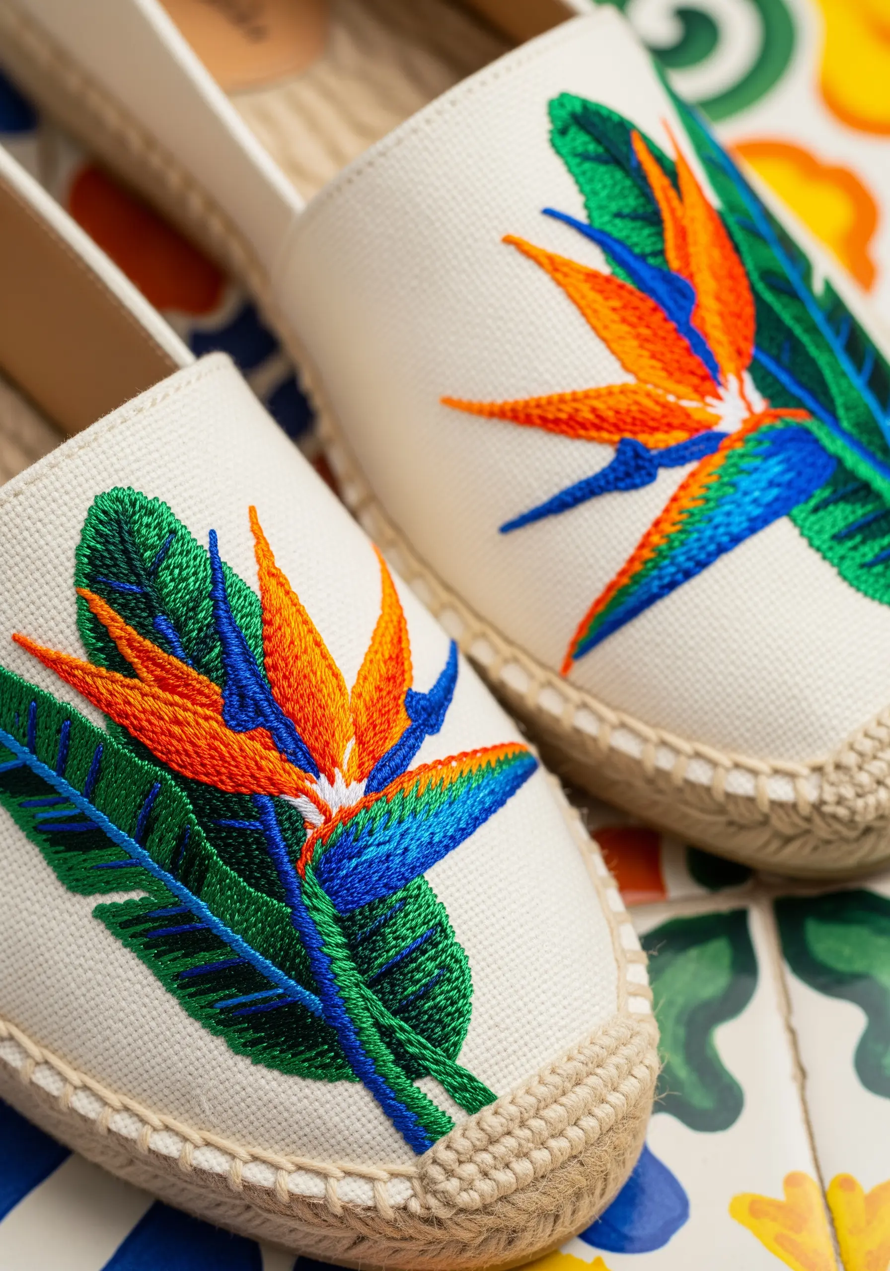 Vibrant Bird of Paradise flower embroidered on the toe of a canvas espadrille.