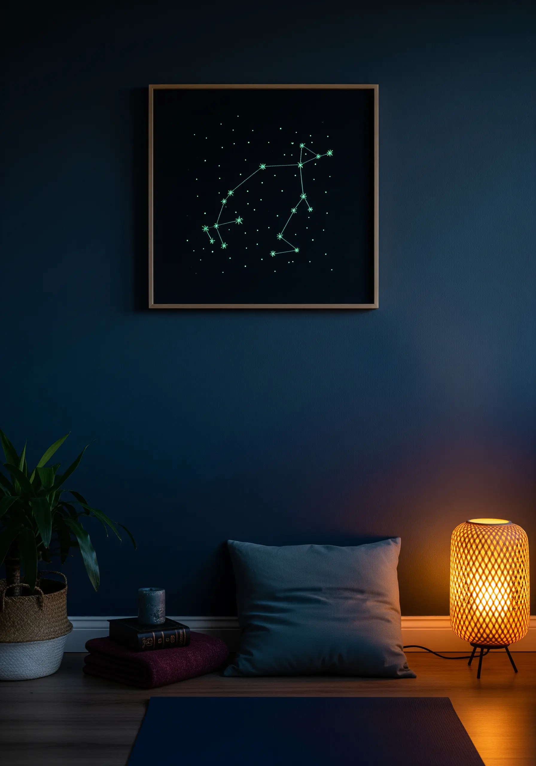 A framed constellation stitched with glow-in-the-dark thread on a black background.