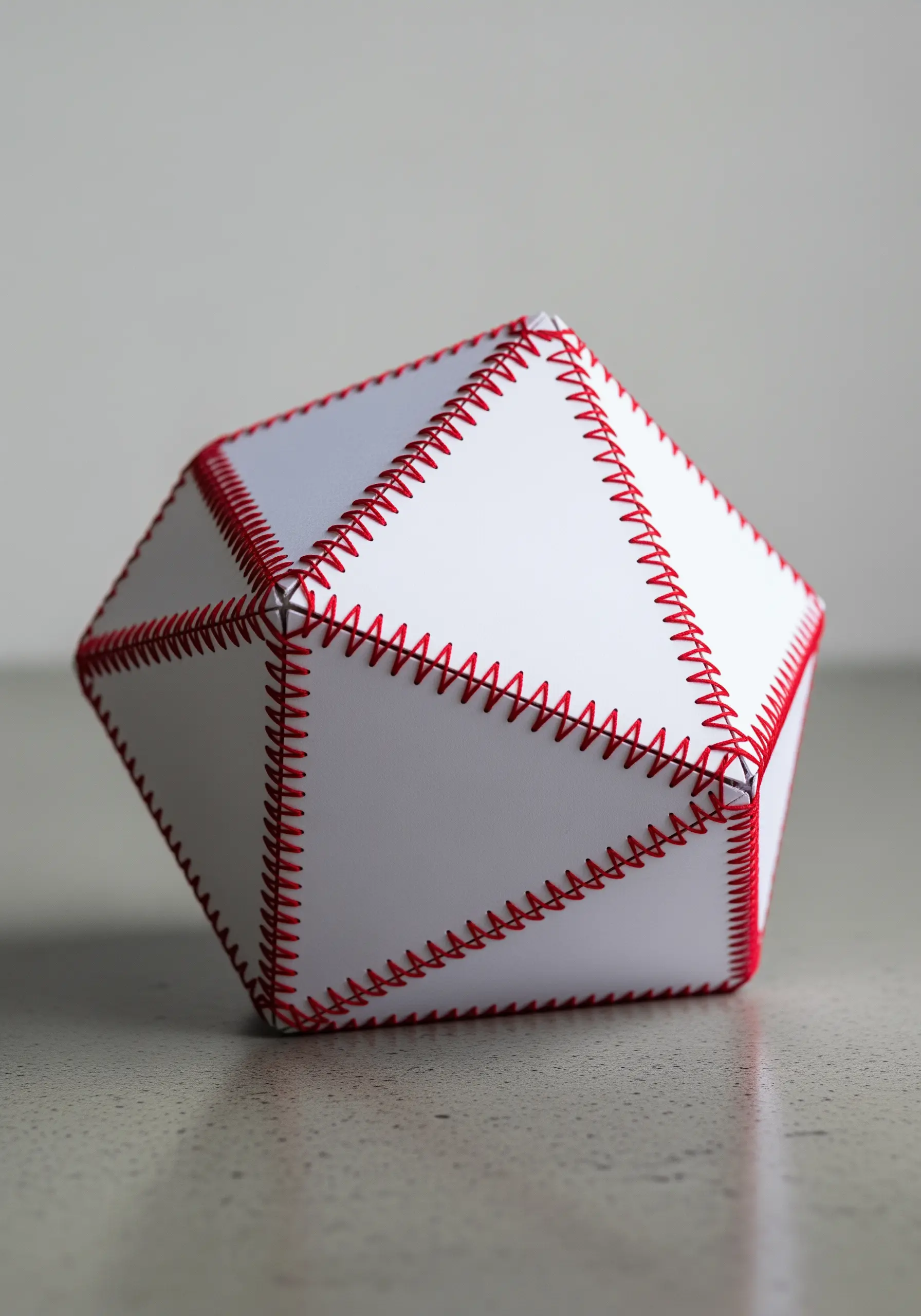 A 3D geometric paper sculpture assembled with visible red blanket stitches along the edges.