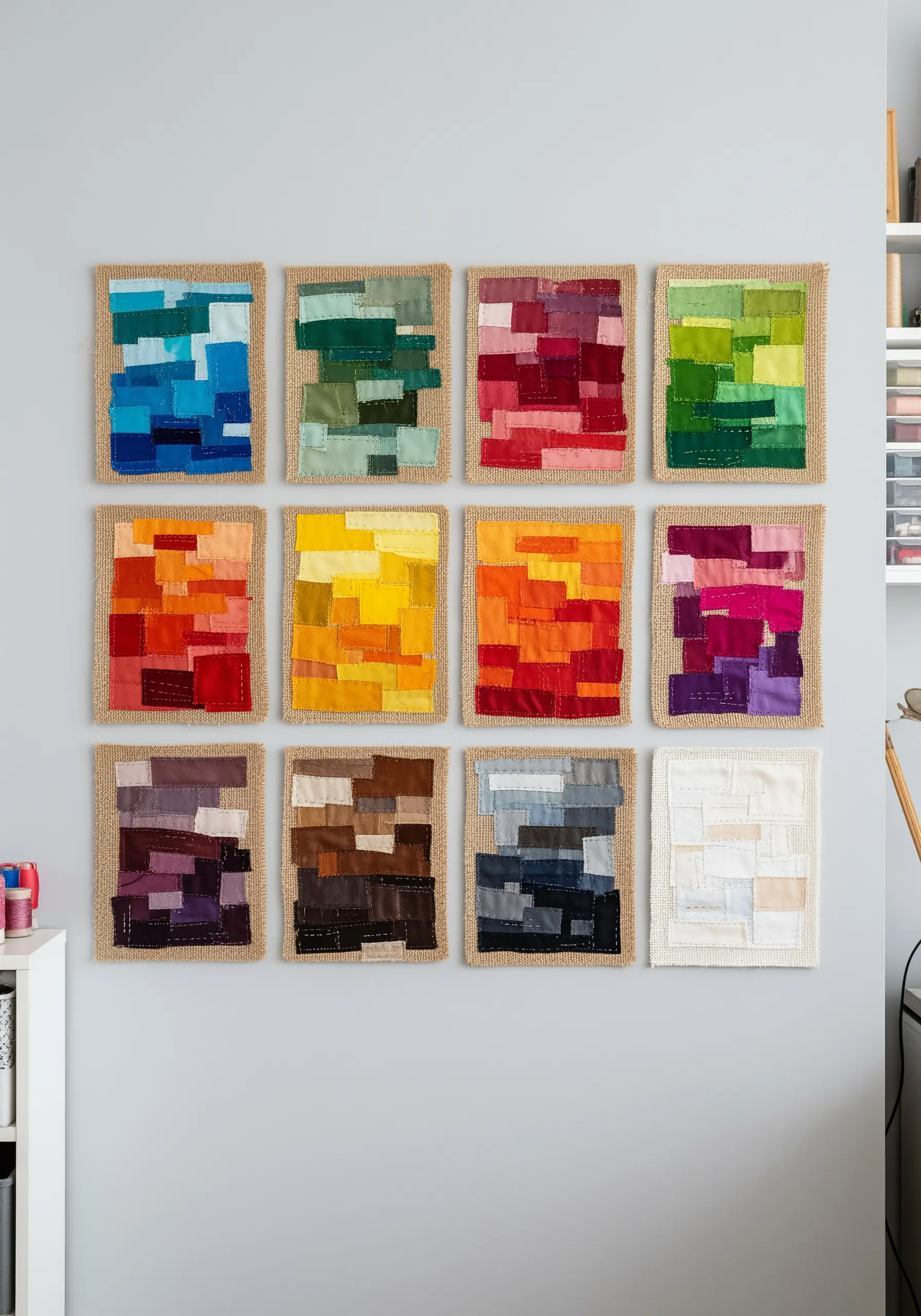 A gallery wall of 12 small burlap canvases, each a fabric collage in a specific color.