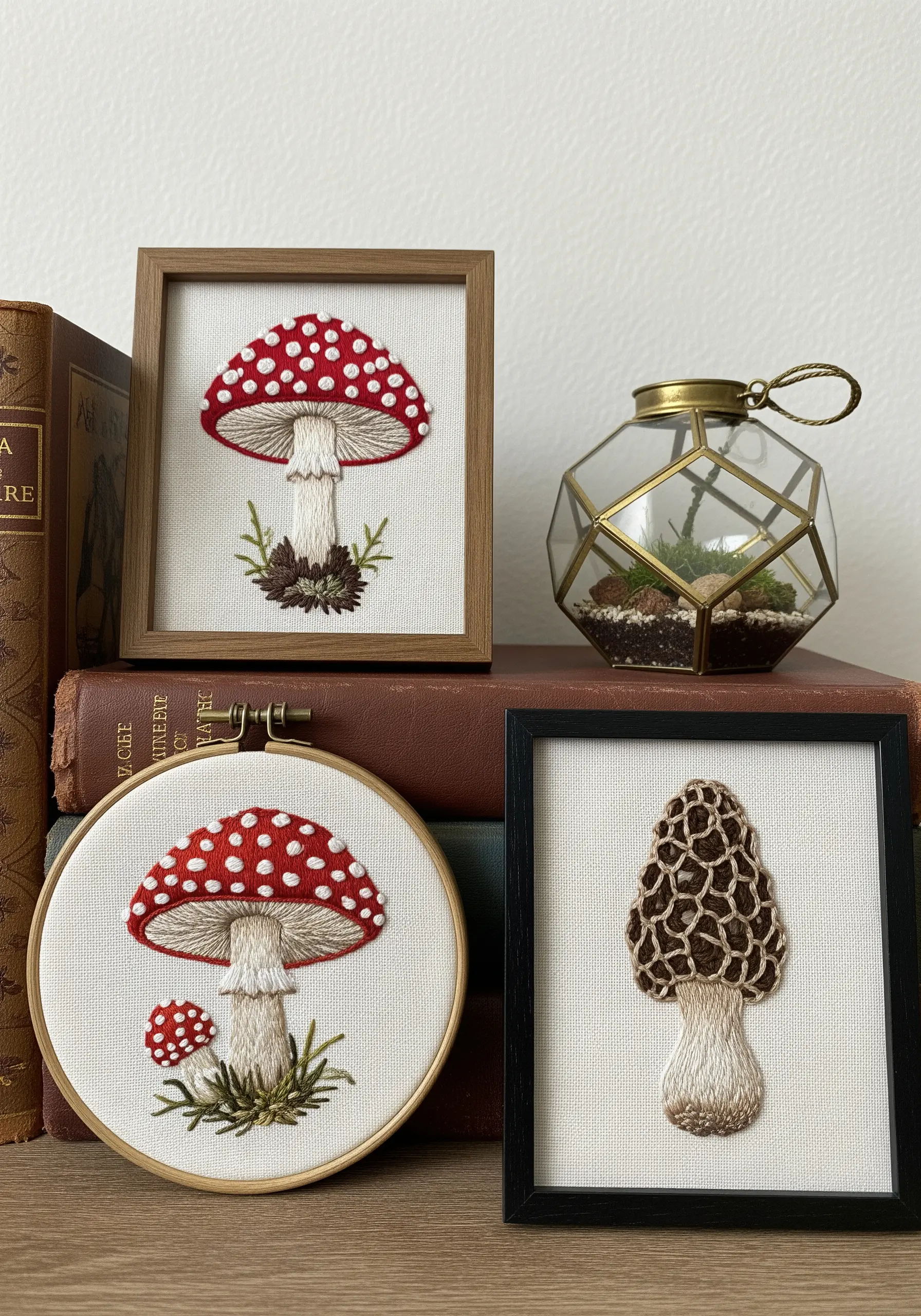A collection of framed and hooped embroideries of different types of mushrooms.