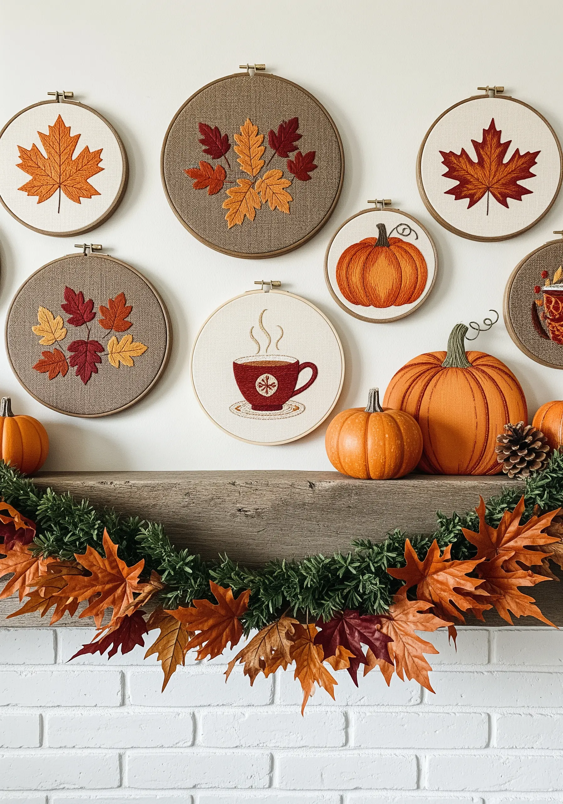 A fall-themed mantel decorated with embroidered hoops of leaves, pumpkins, and a cup of tea.