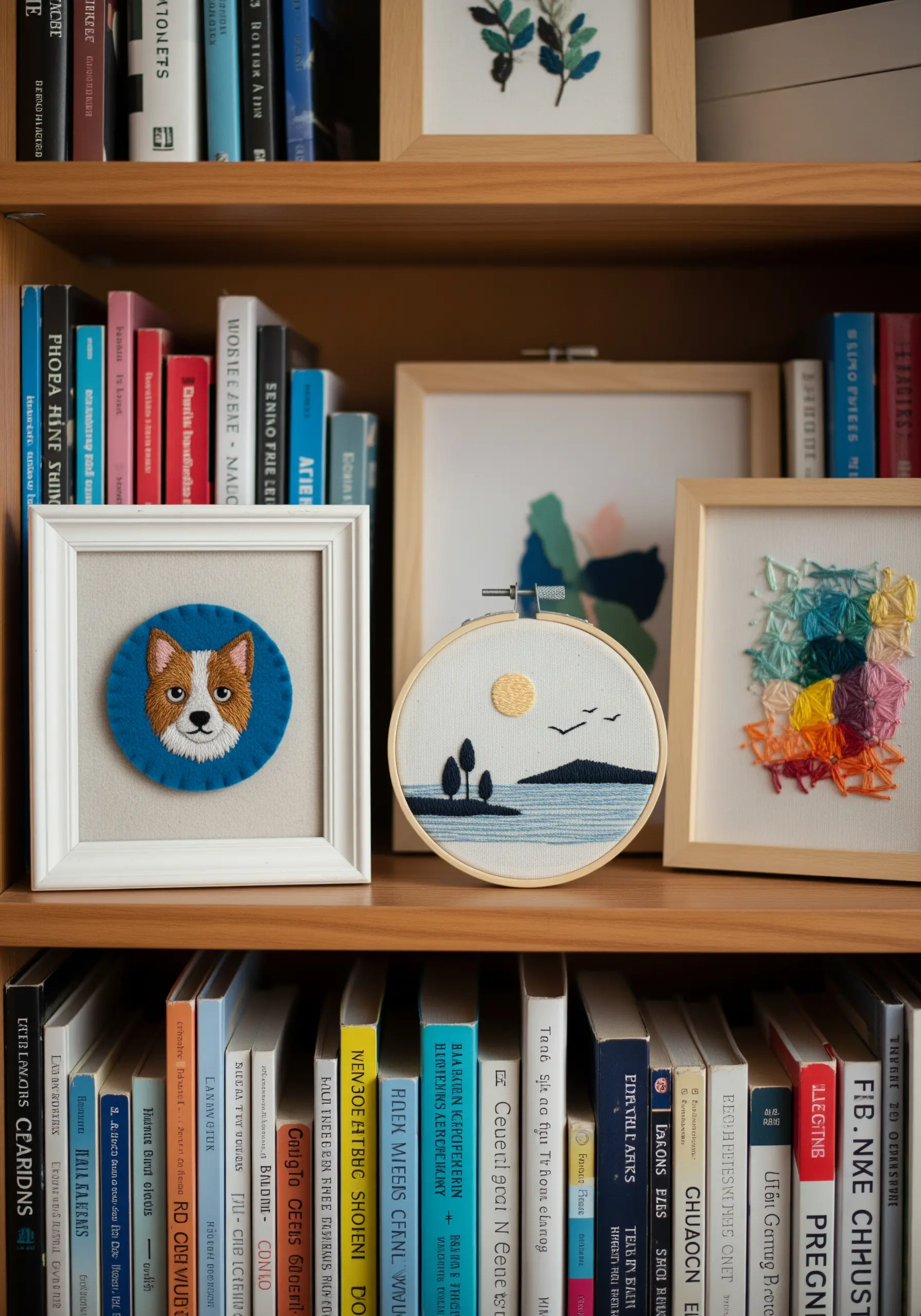 Small framed and hooped embroidery pieces, including a pet portrait, arranged on a bookshelf.