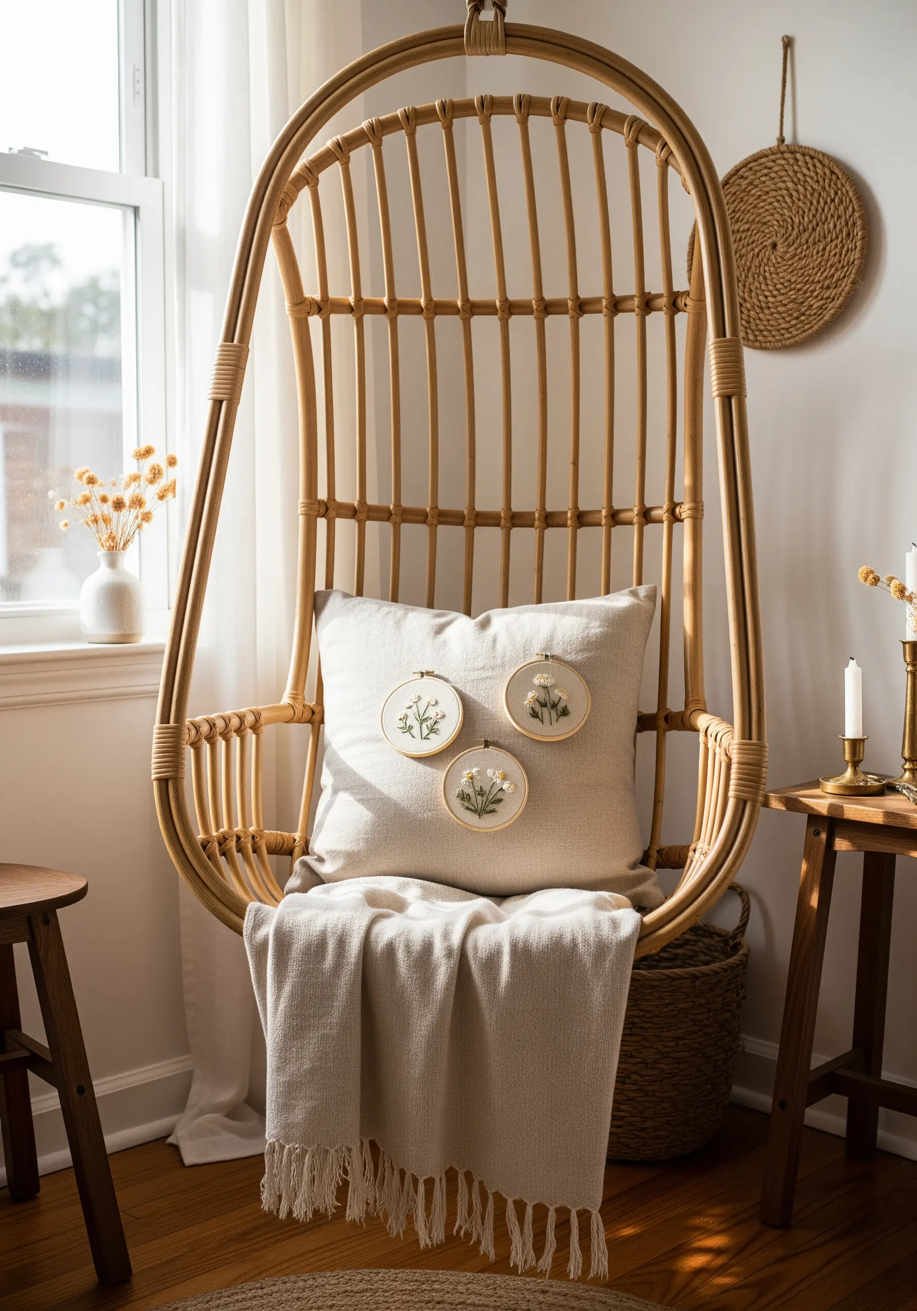 Three small embroidery hoops with delicate wildflower designs layered on a pillow.