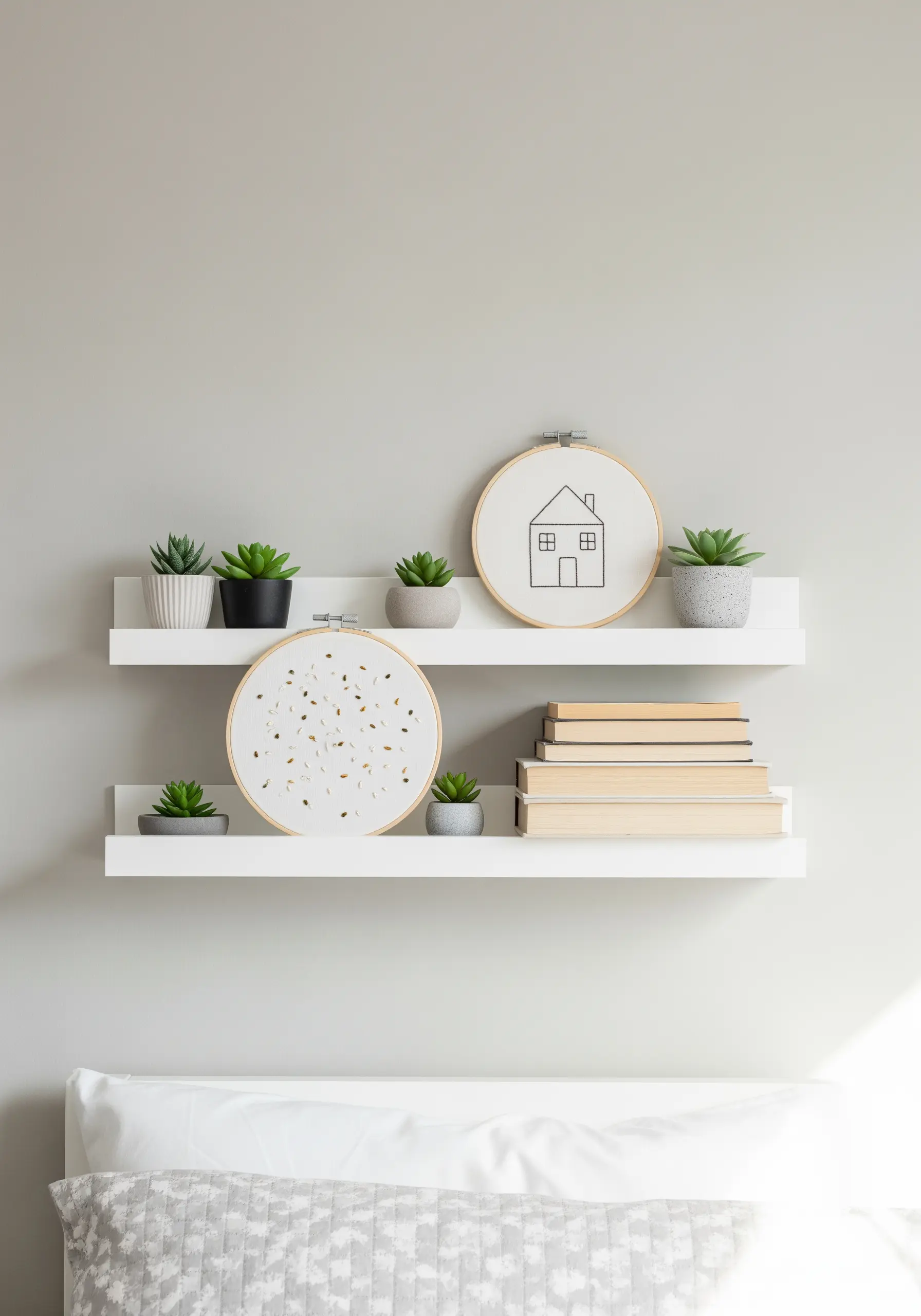 Two small embroidery hoops styled on a floating shelf with books and succulents.