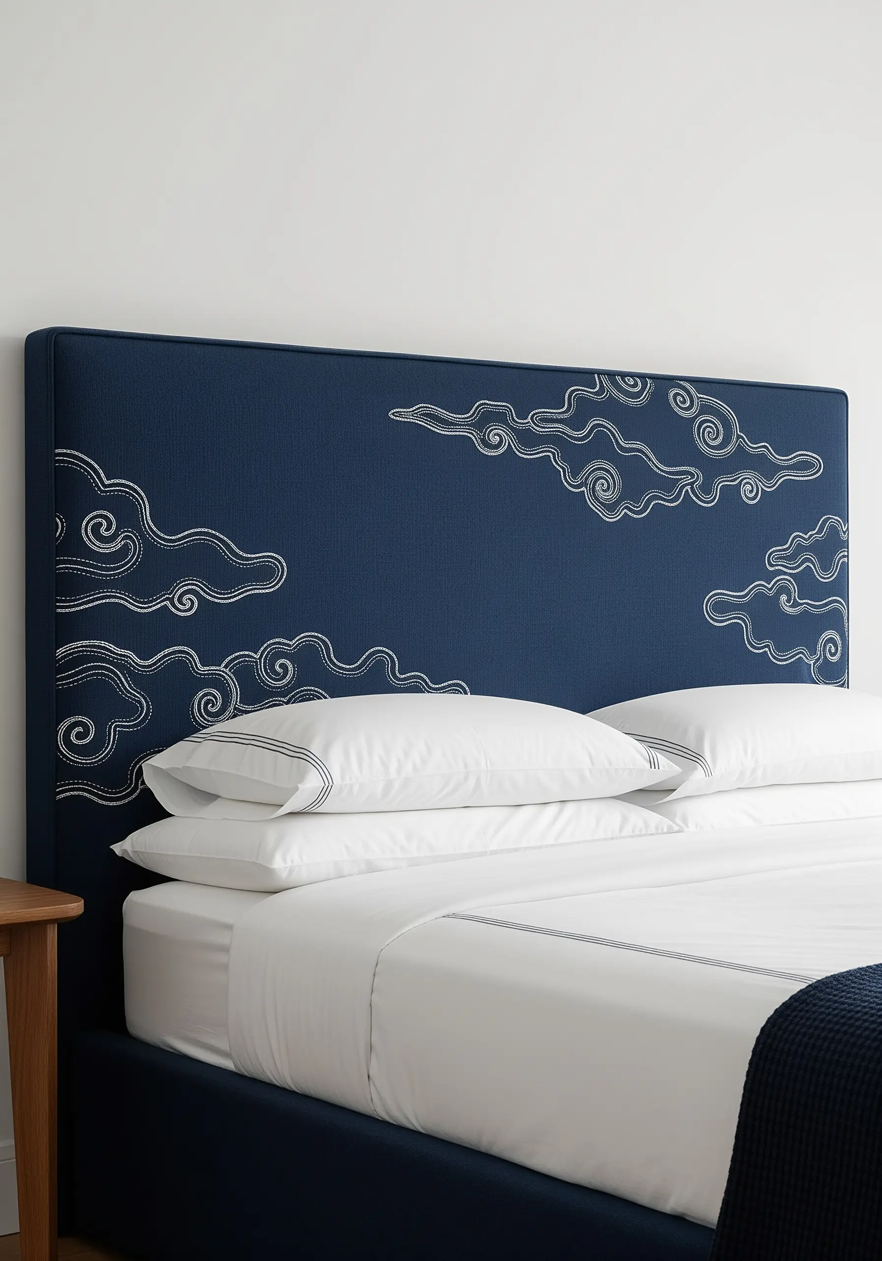 Stylized Japanese cloud patterns embroidered in white on a navy blue headboard.