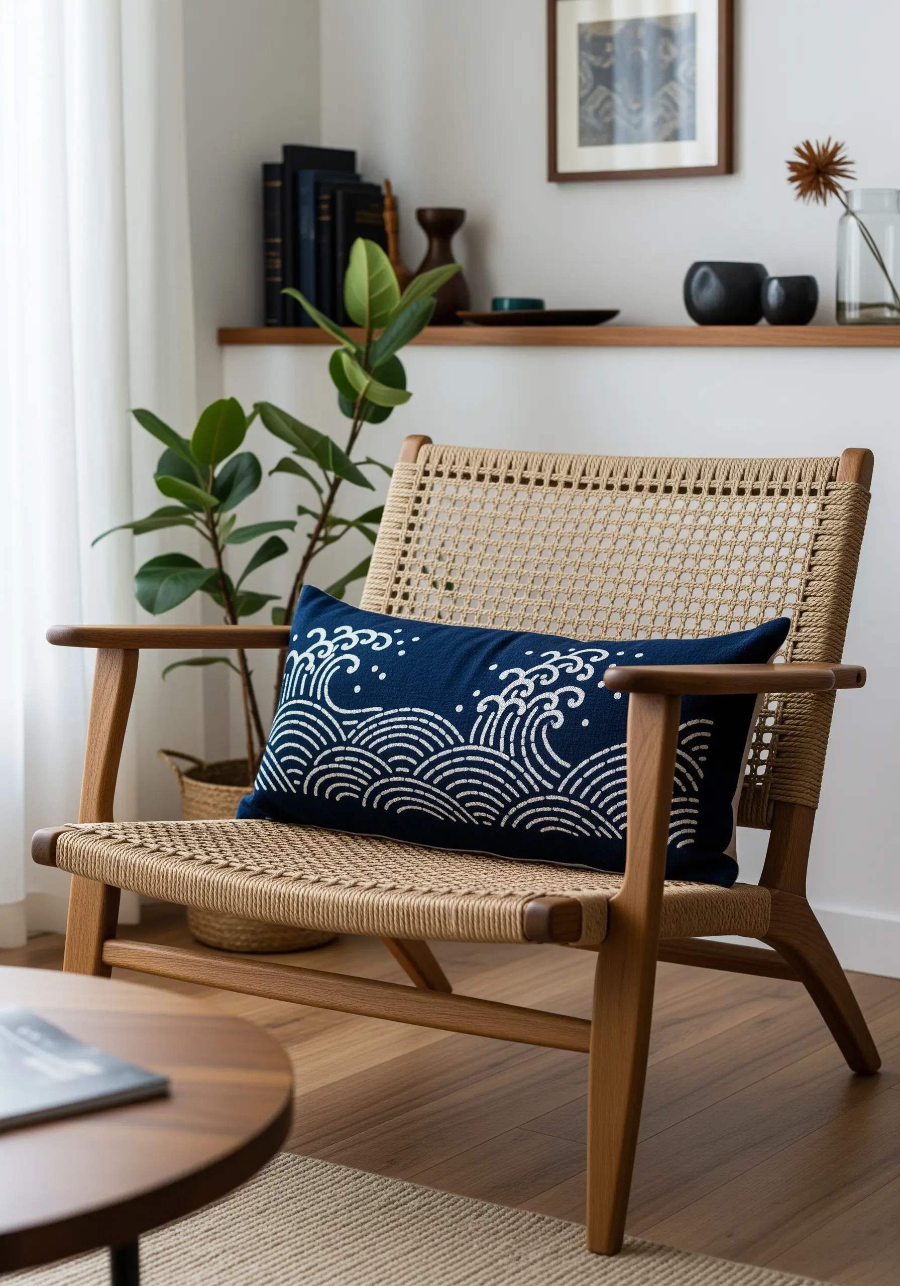 A navy blue lumbar pillow embroidered with a traditional Japanese wave pattern in white thread.