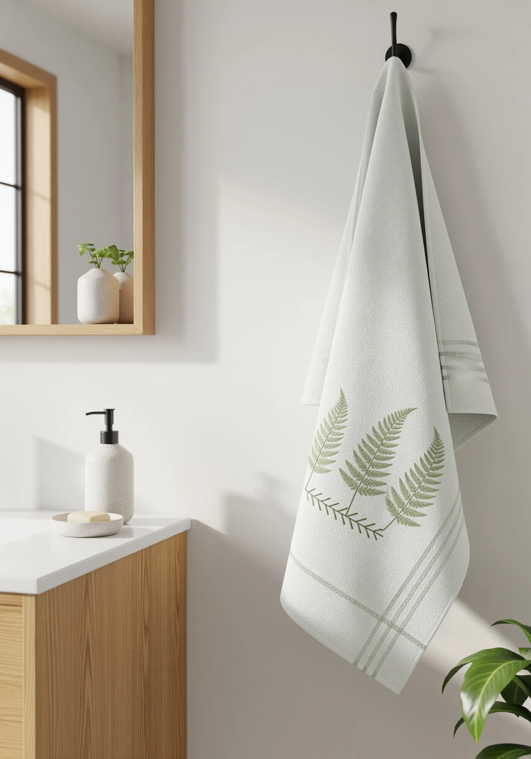 Sage green fern motifs embroidered on a light green hand towel using fishbone stitch.