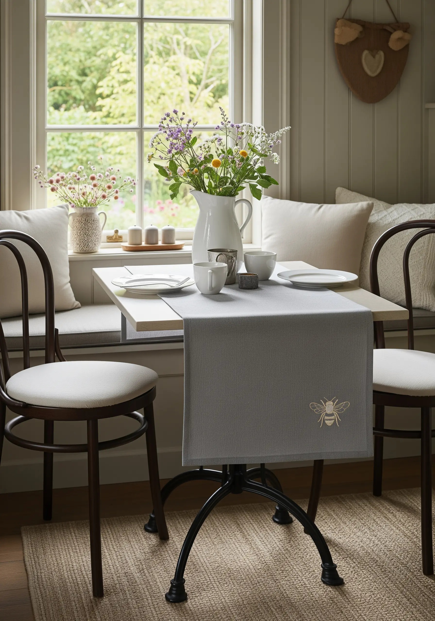 A single bee embroidered in gold metallic thread on a gray linen runner