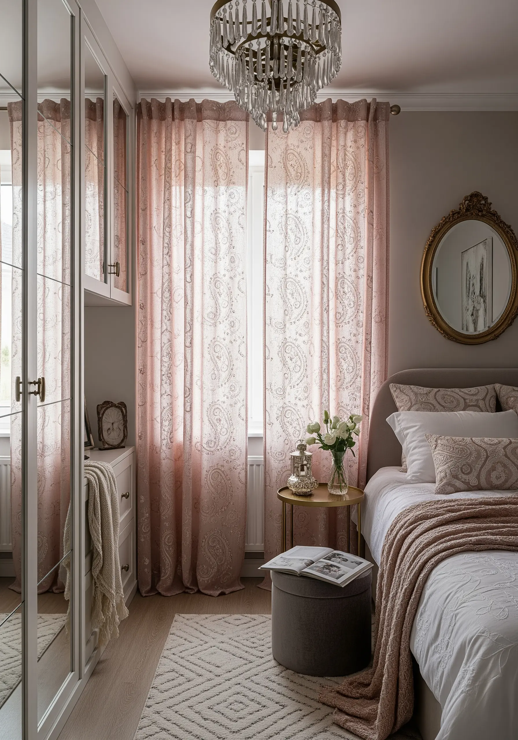 Tone-on-tone paisley pattern embroidered on dusty rose sheer curtains.
