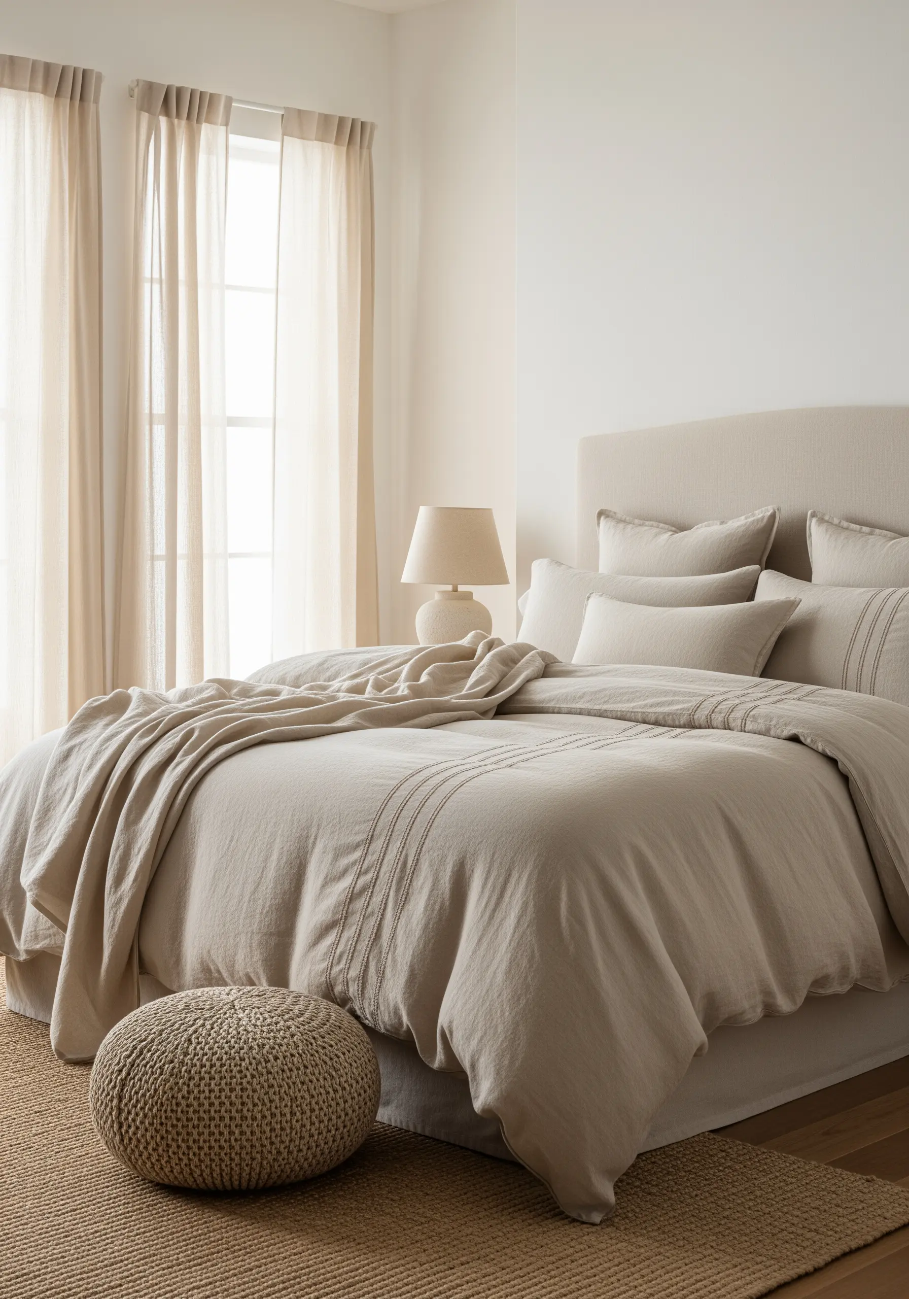 Subtle running stitch details in parallel lines on a beige duvet cover.