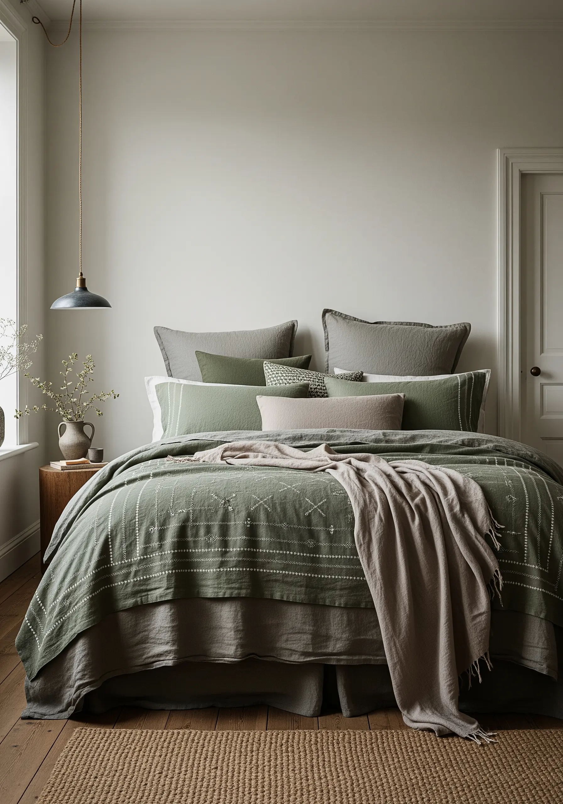 Sage green linen bedding decorated with simple, geometric patterns of white running stitches.