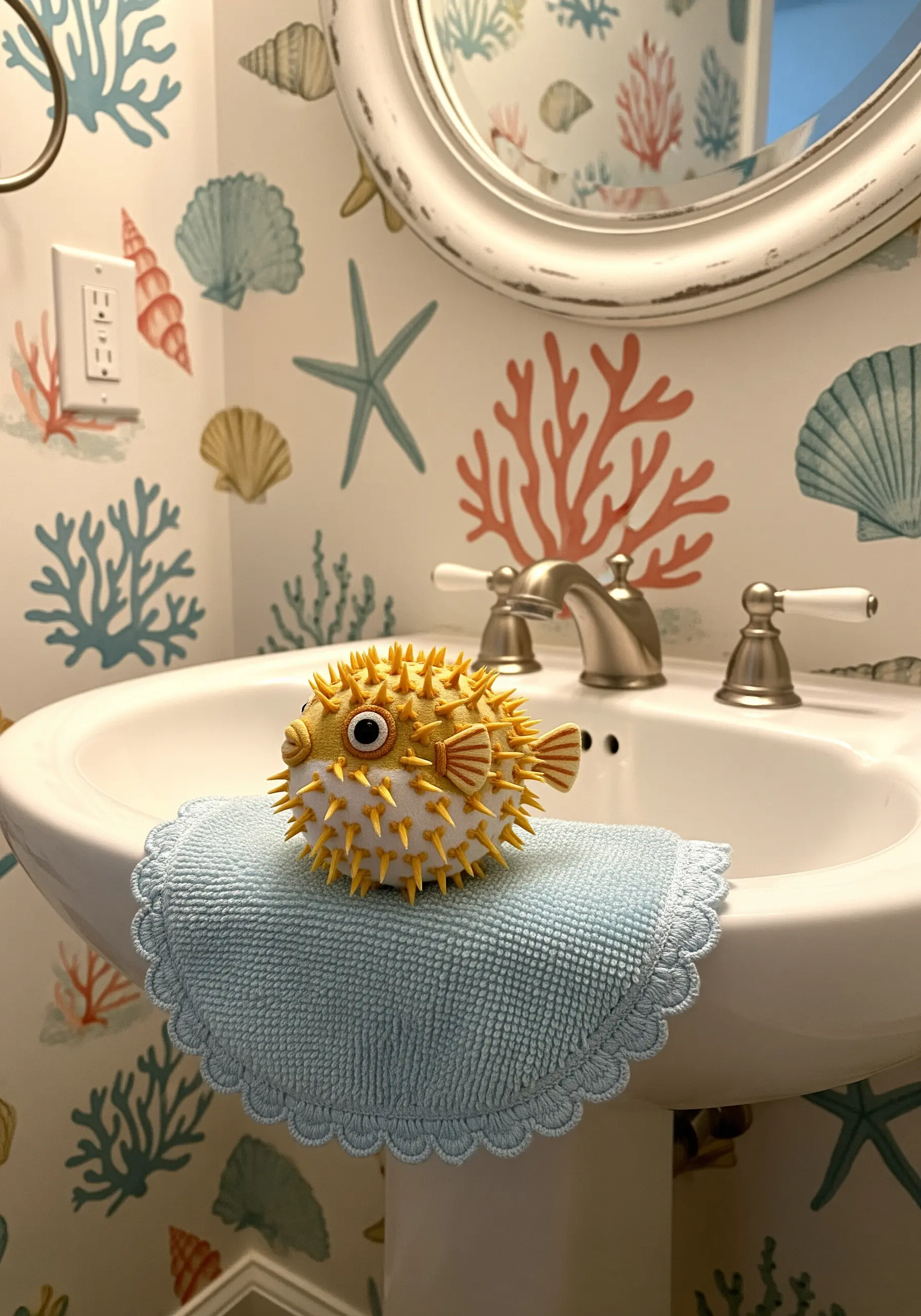 A three-dimensional pufferfish toy on a towel, inspiring 3D embroidery techniques.