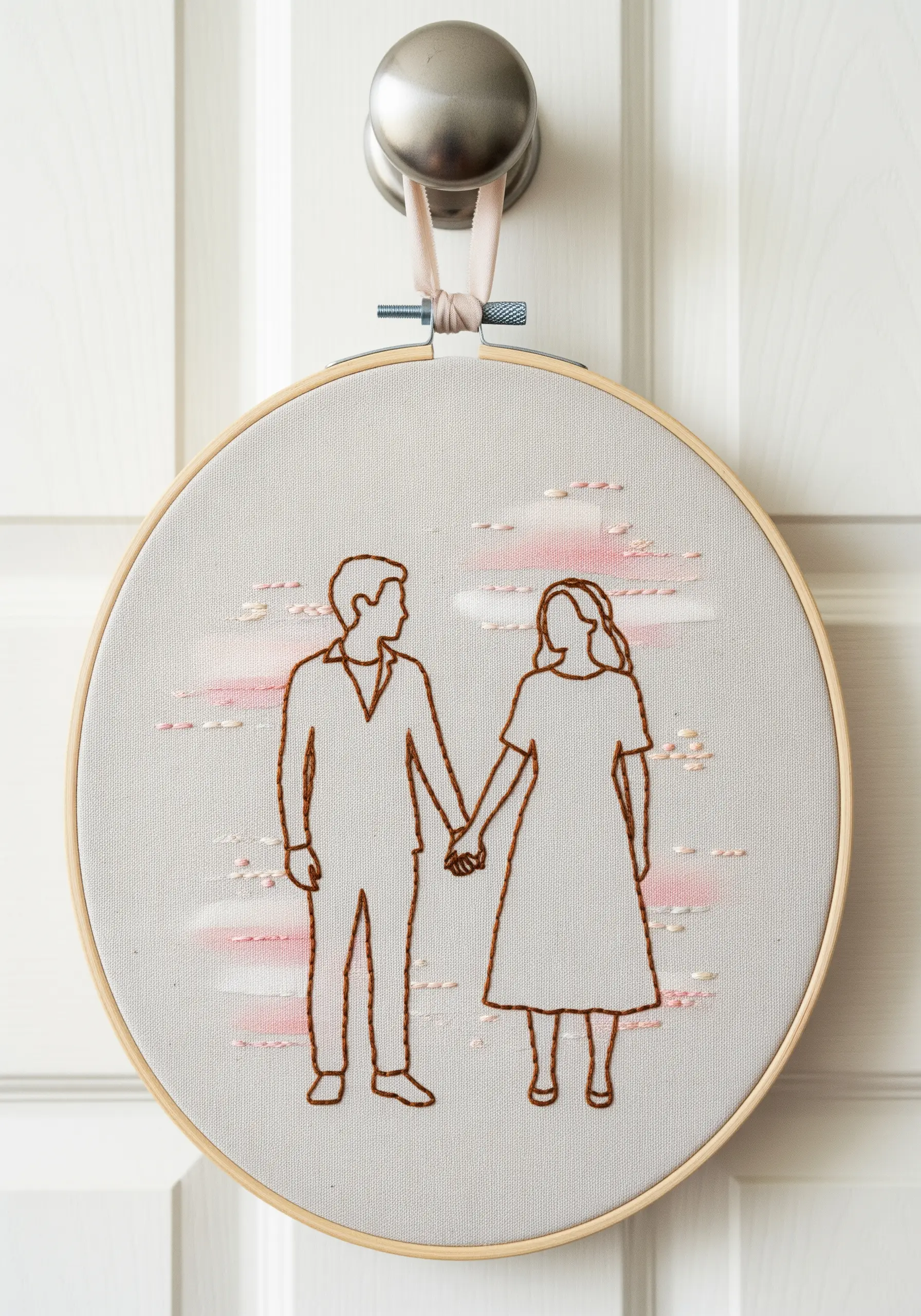 A couple's outline stitched in brown, with a soft background of scattered pink and white stitches.