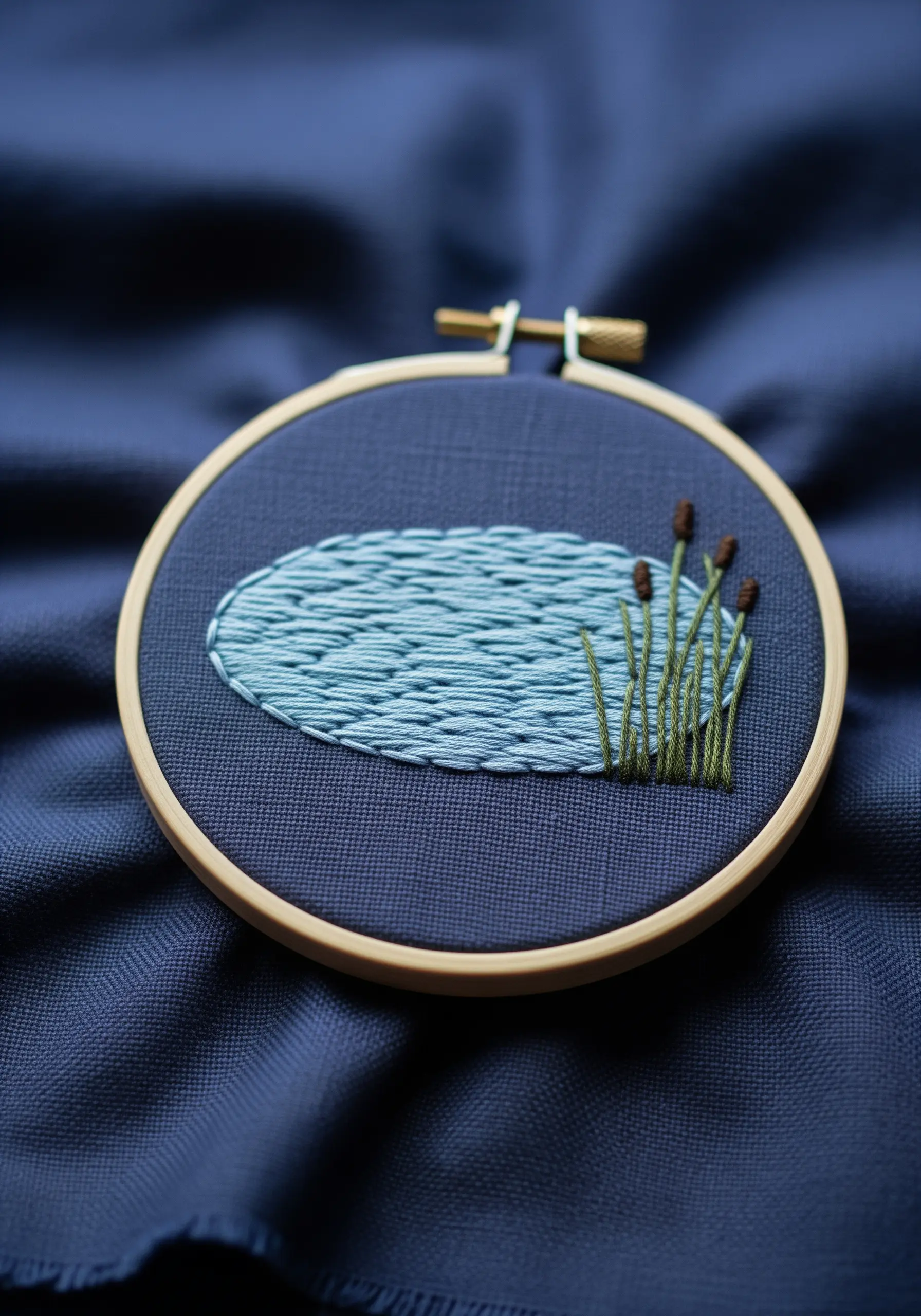 Embroidered pond with horizontal satin stitch and cattails on dark blue fabric.