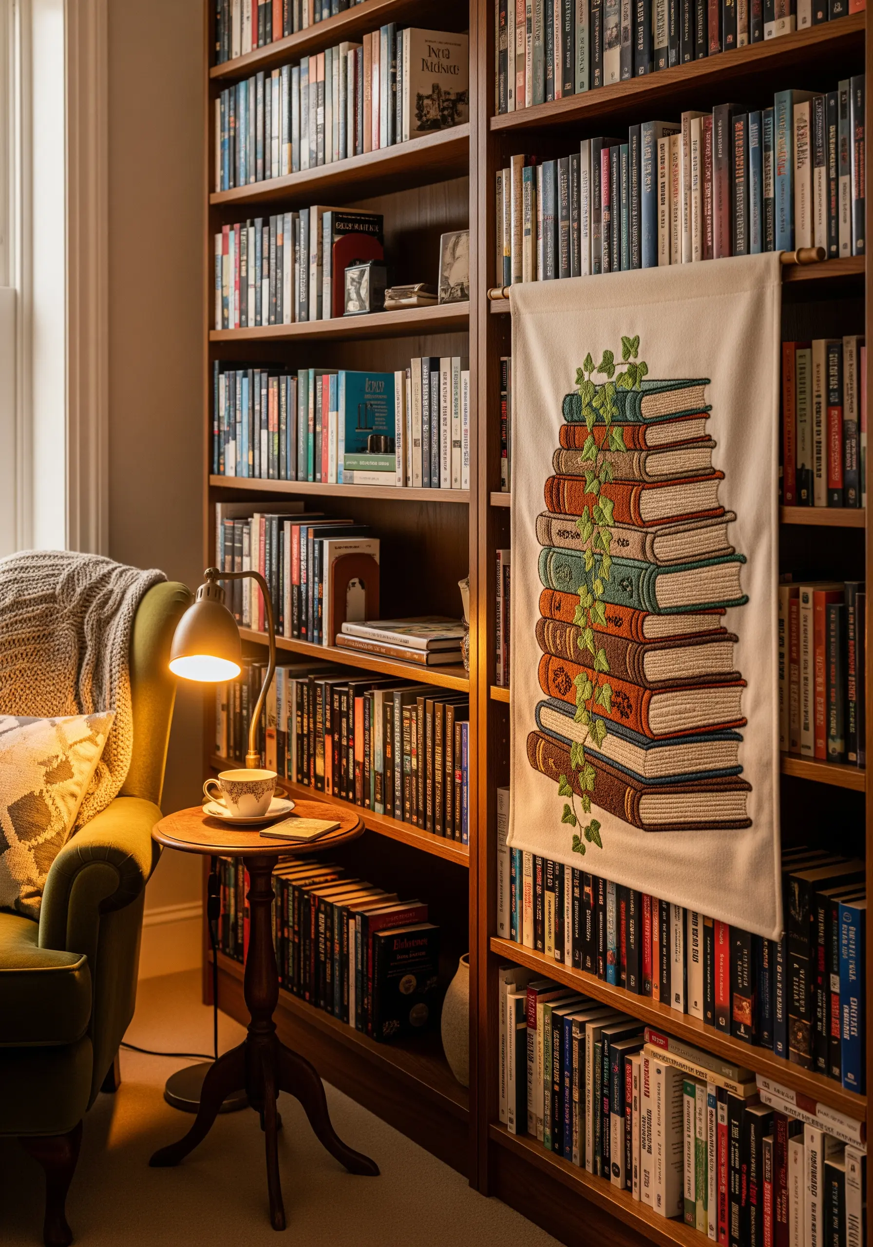A narrow wall hanging with an embroidered stack of books hanging on a bookshelf.