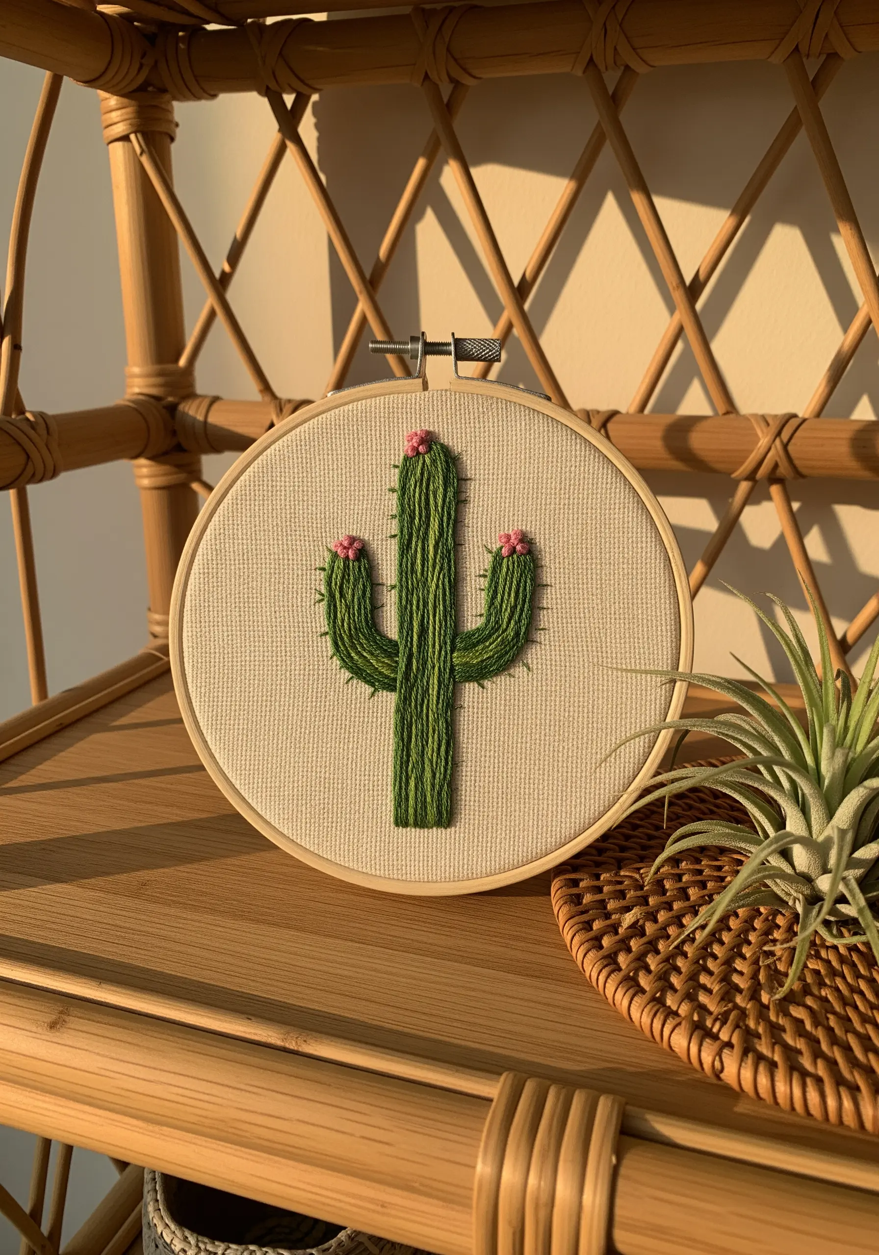 A satin-stitched cactus with small pink French knot flowers.