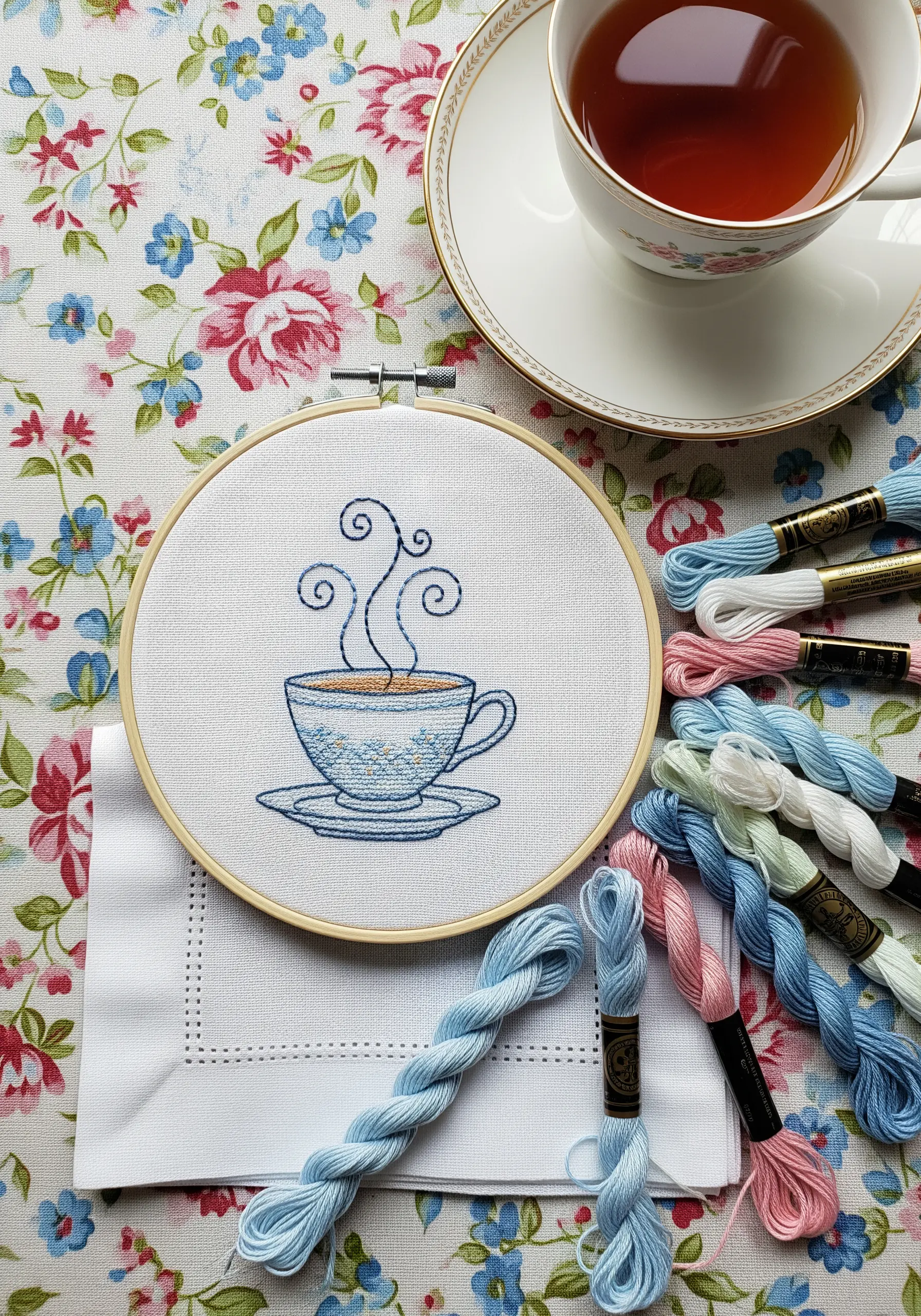 A simple outline of a teacup embroidered with blue thread, with delicate swirls for steam.