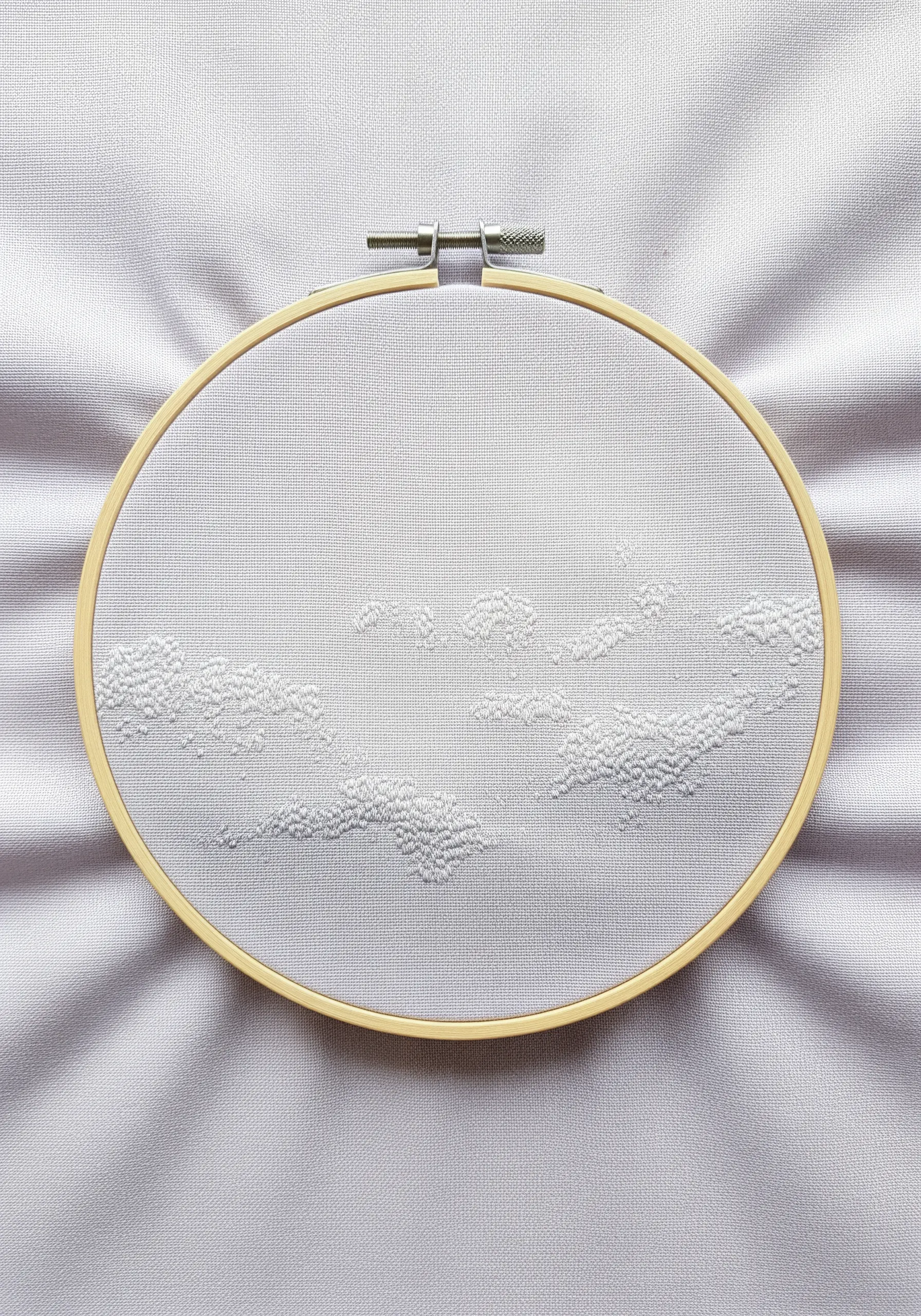 White French knots on white fabric, creating the subtle texture of clouds.