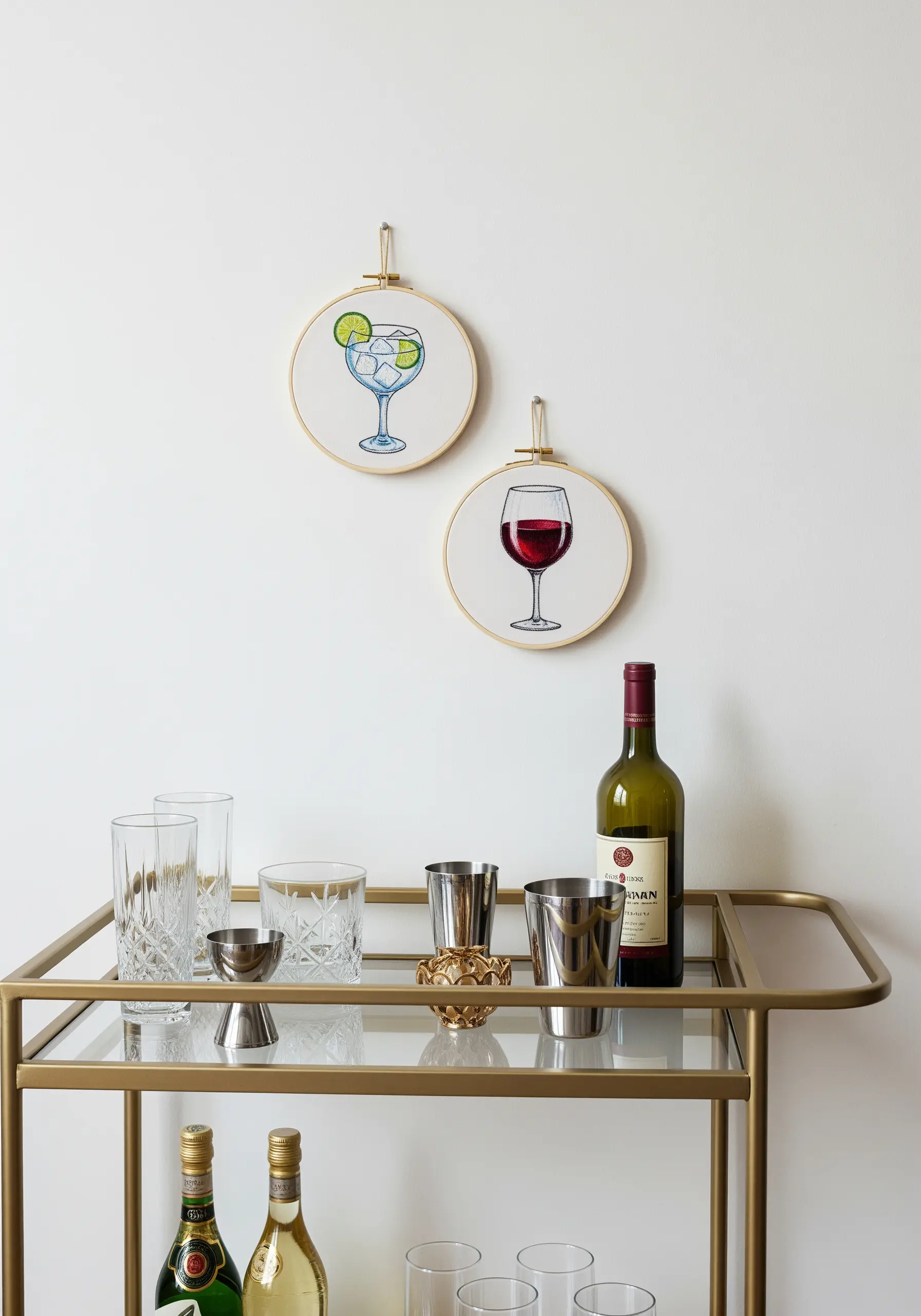 Two embroidery hoops featuring a gin and tonic and a glass of red wine above a bar cart.