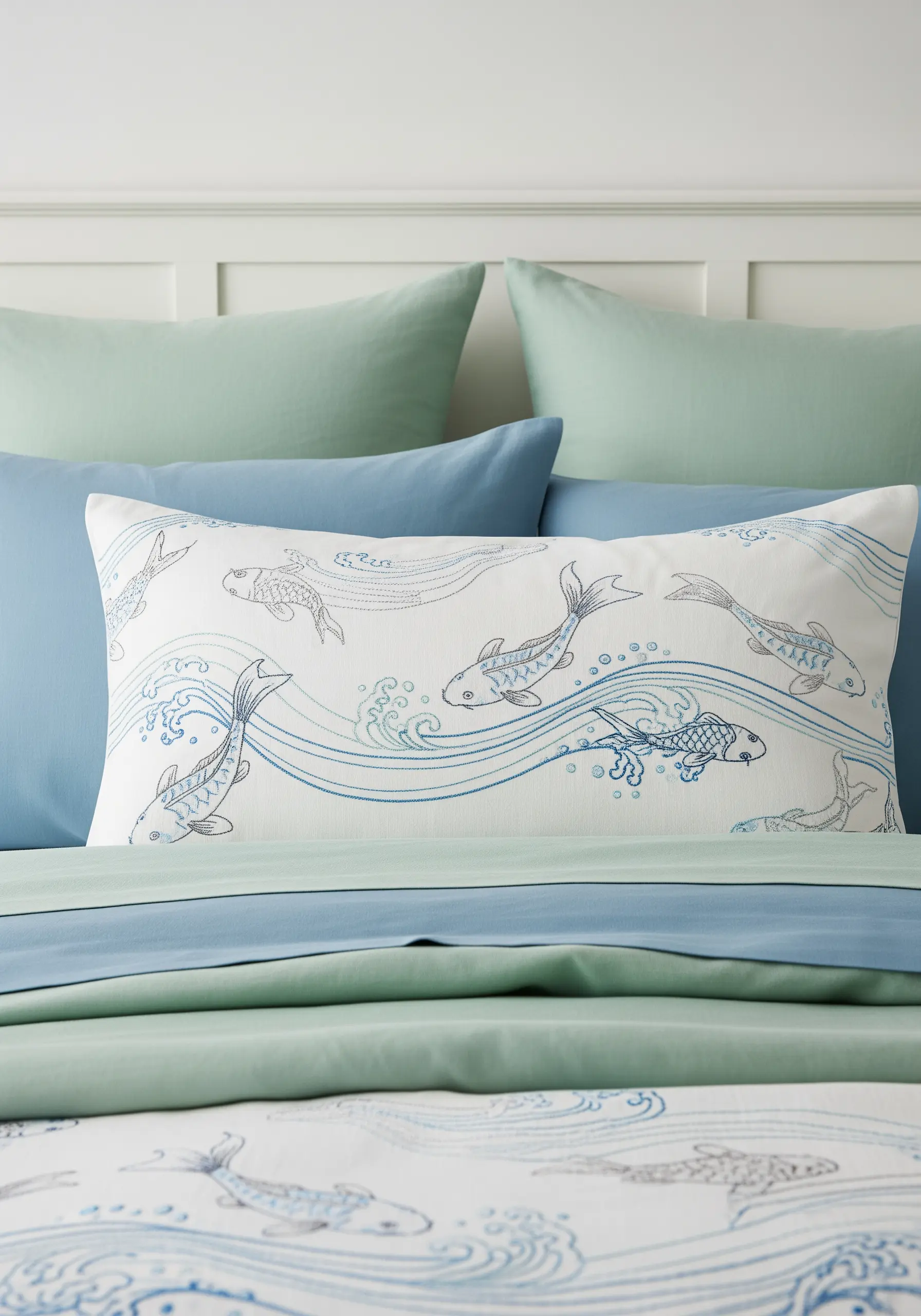 Illustrative embroidery of koi fish using outlines and sparse seed stitches on a lumbar pillow.