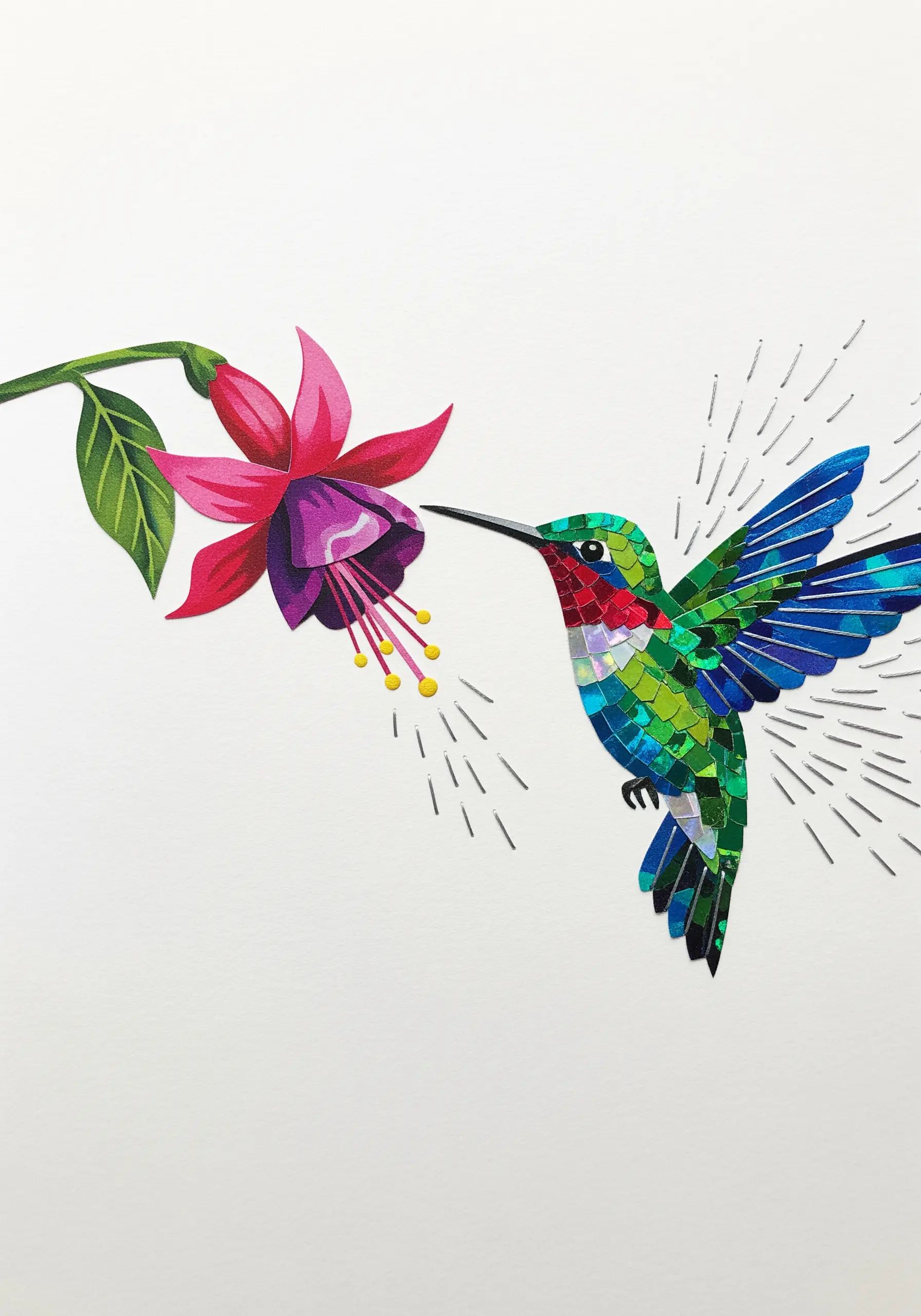 A mosaic-style paper collage of a hummingbird with stitched silver lines indicating wing movement.