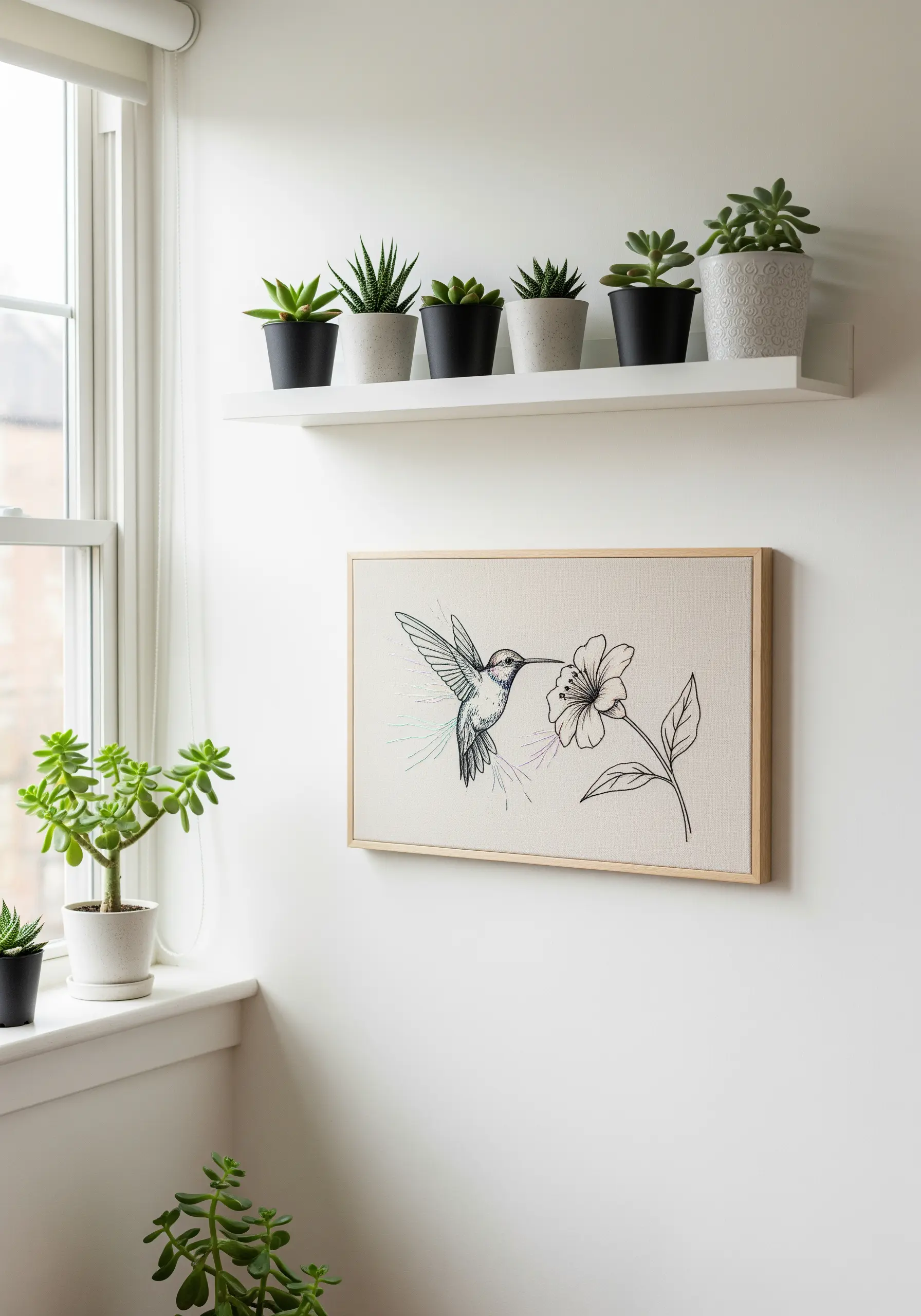 Embroidered hummingbird and flower with splashes of colorful thread resembling watercolor paint.