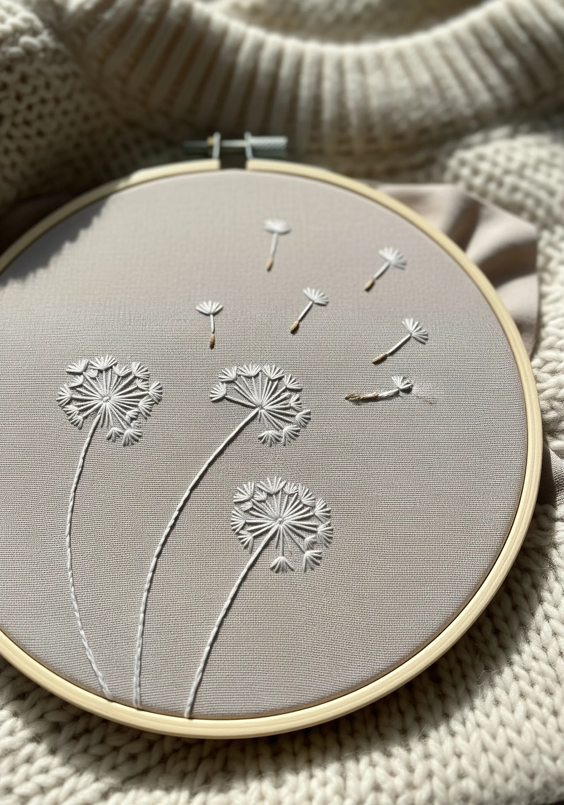 White dandelions and flying seeds embroidered on a neutral grey fabric.