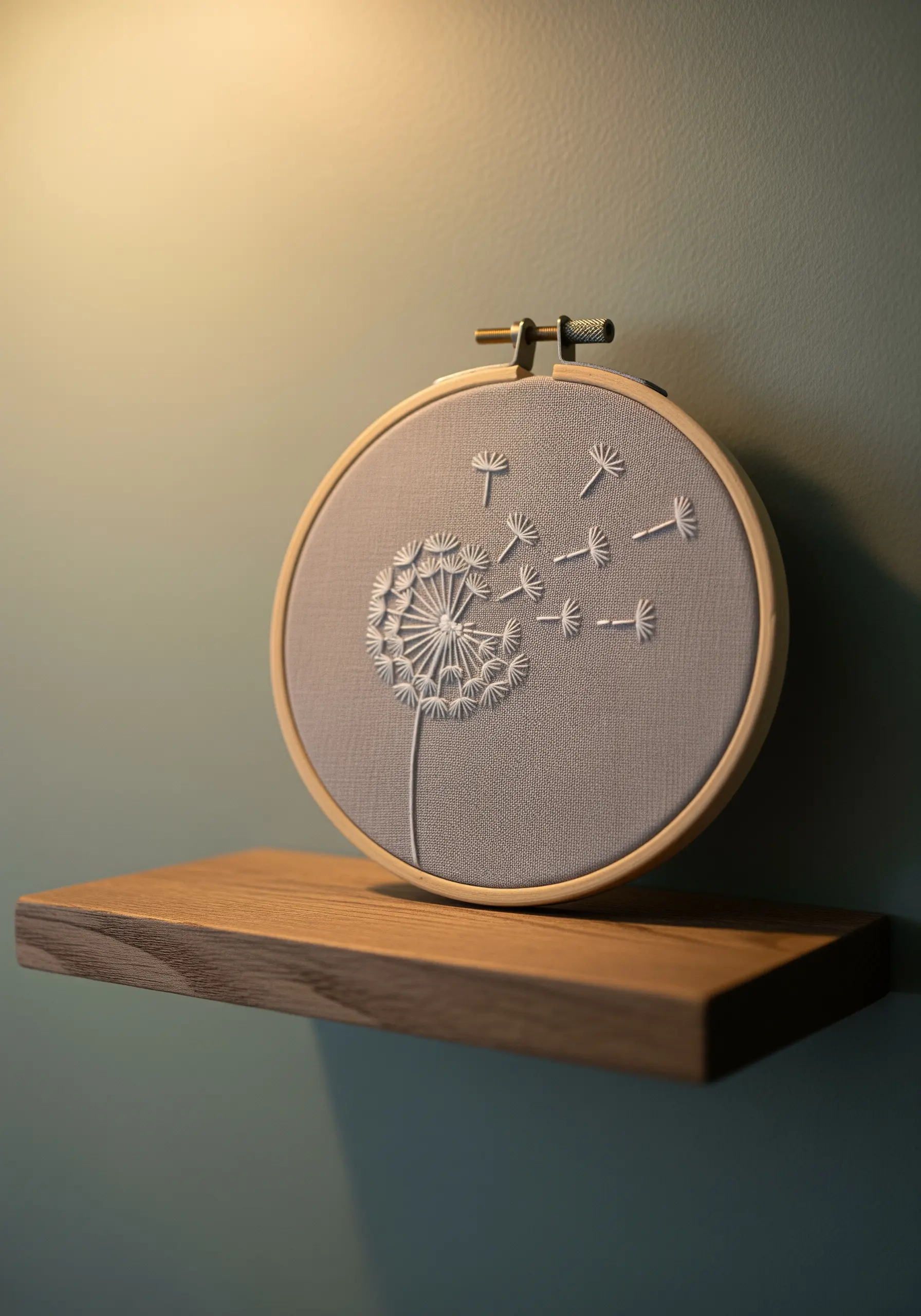 A white dandelion with seeds blowing away, embroidered on gray fabric.