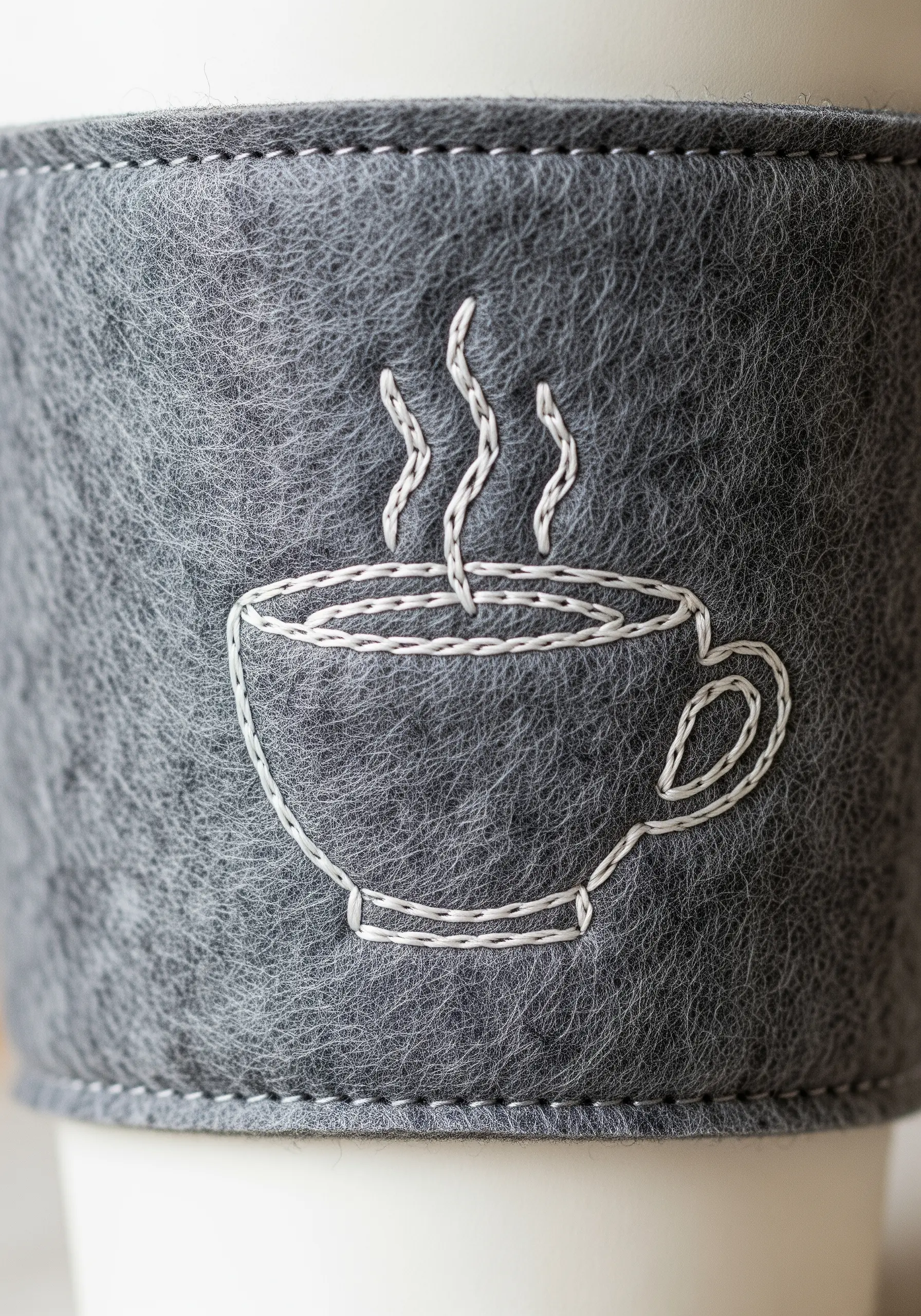 An outline of a coffee cup with steam, embroidered in white thread on a grey felt coffee sleeve.