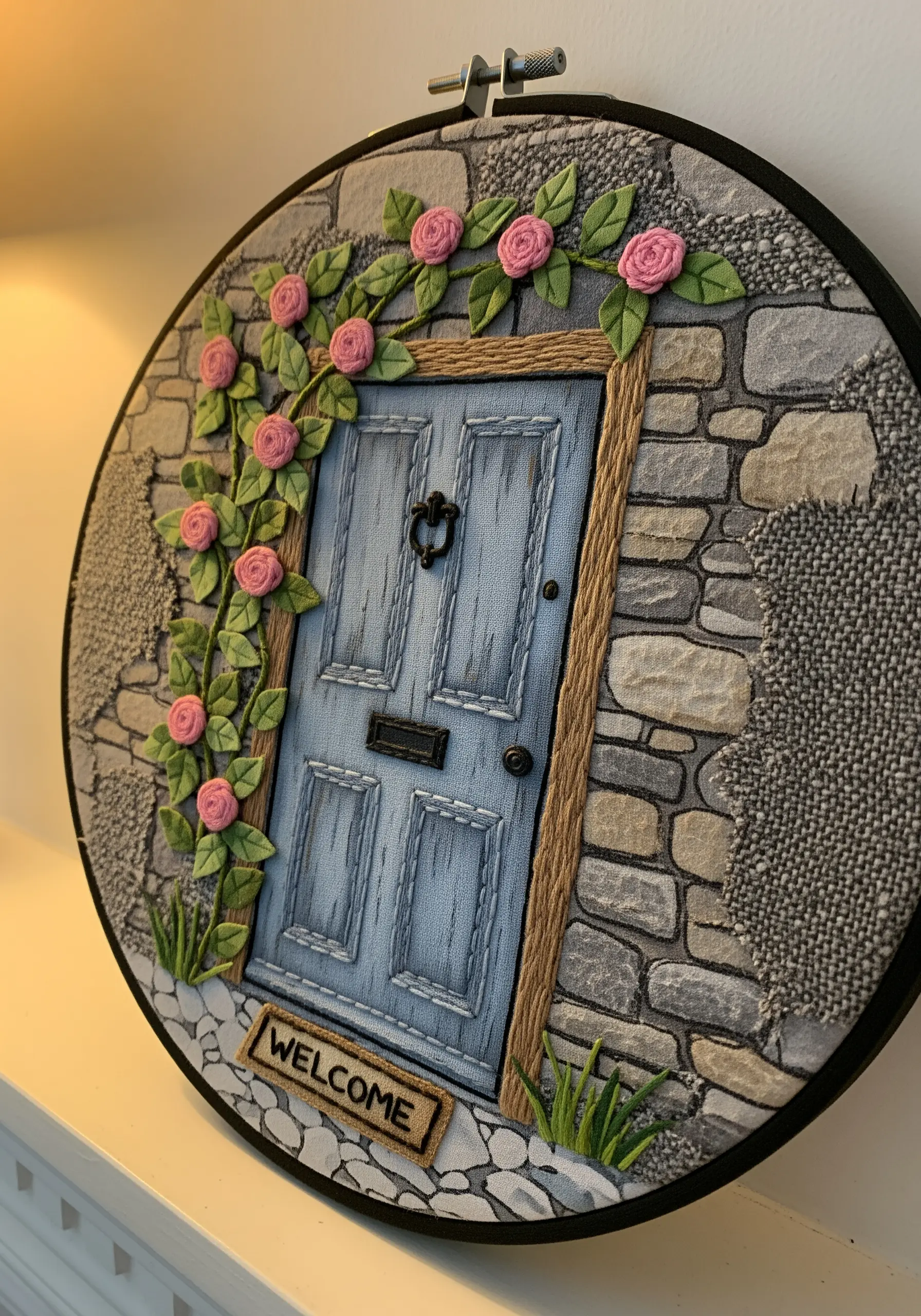 A close-up of a fabric collage door with straight stitches creating a wood grain effect.