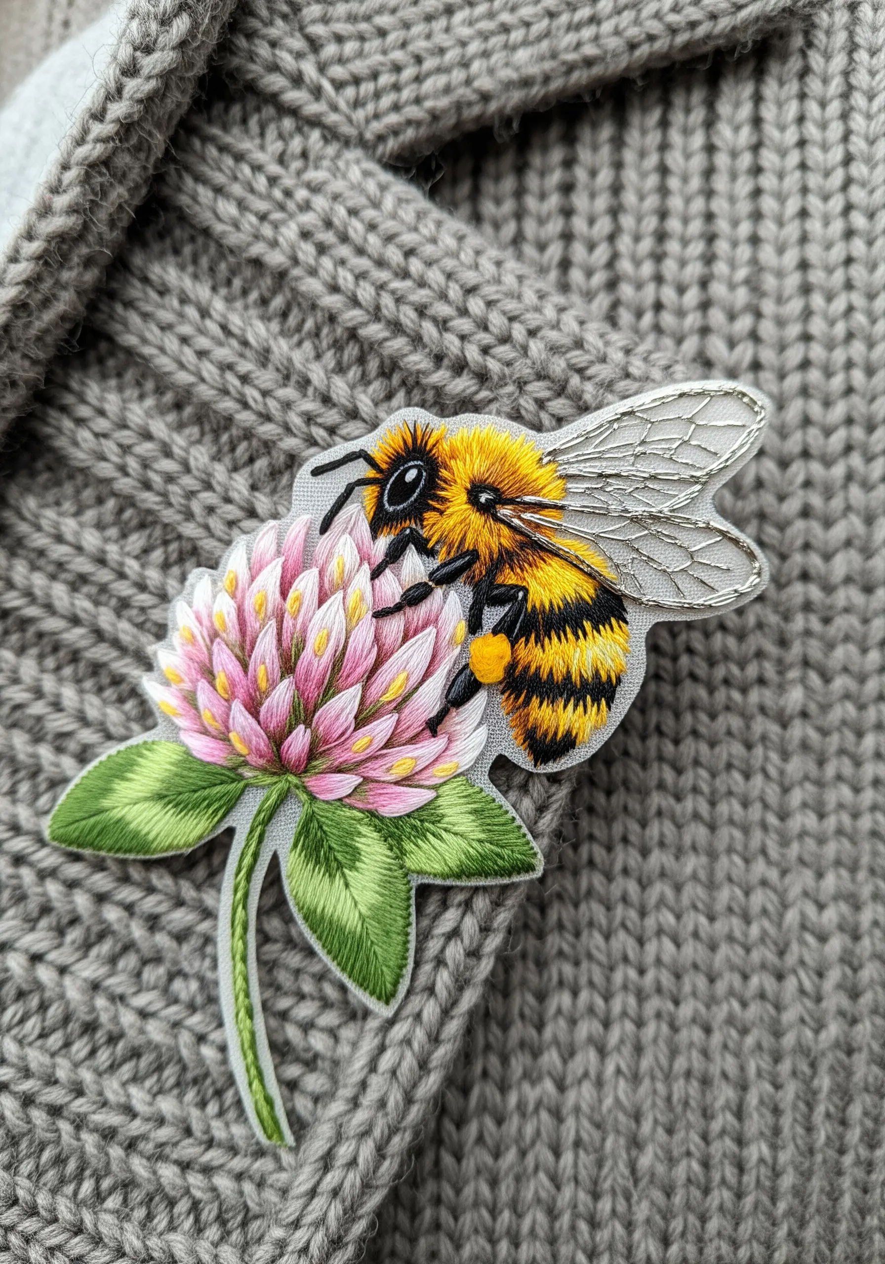 A hyper-realistic embroidered bee and clover patch on a grey knit sweater