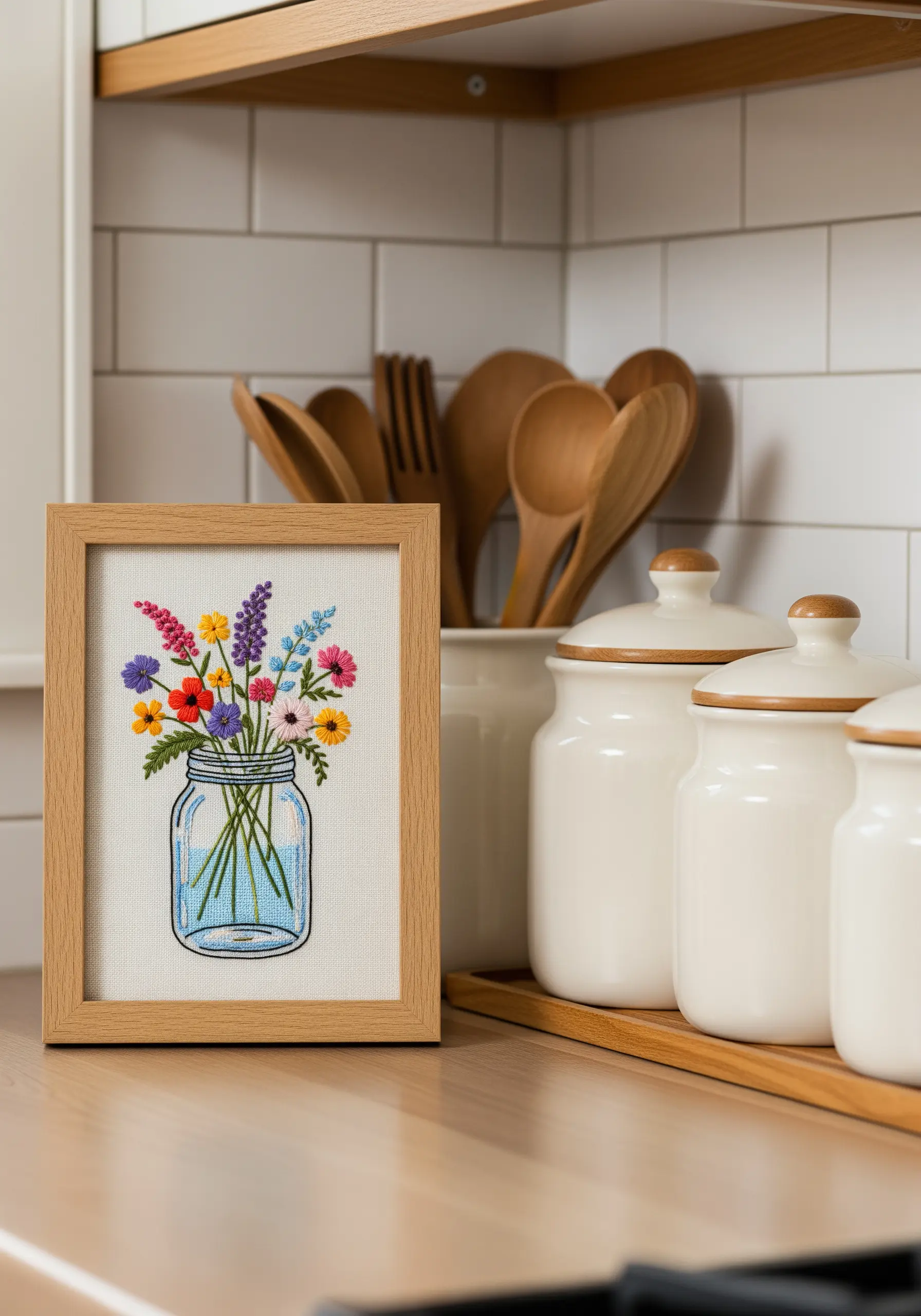 Embroidery of a glass mason jar holding a vibrant bouquet of wildflowers, framed on a kitchen counter.