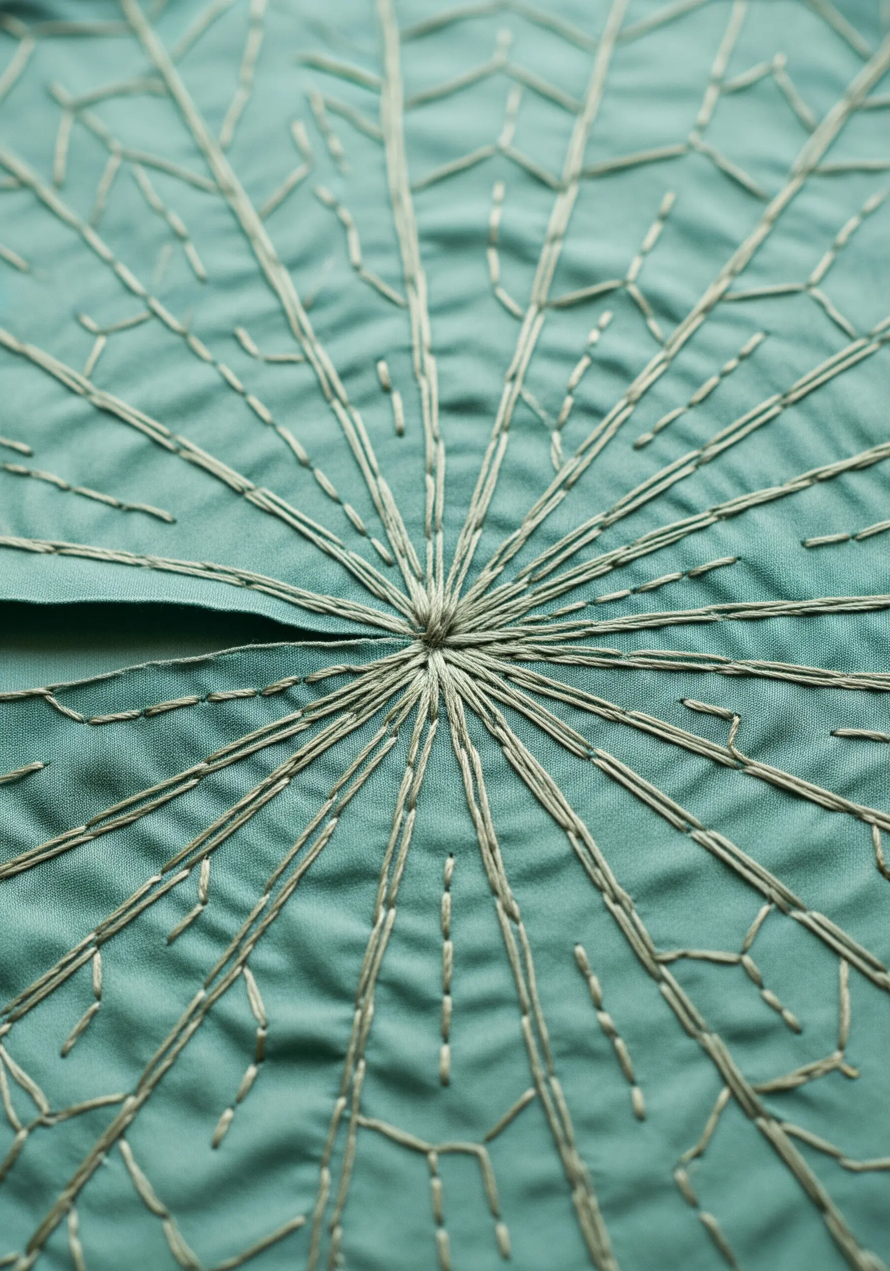 Abstract leaf vein pattern created with long, radiating straight stitches.