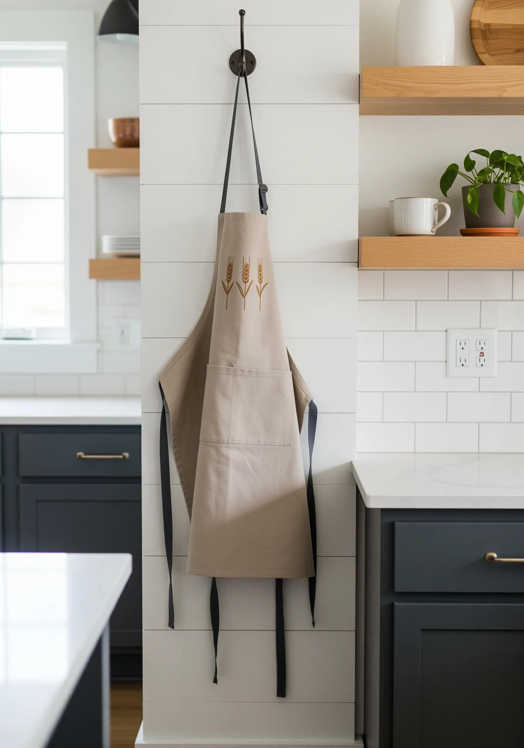Three simple wheat stalks embroidered in golden-brown thread on a canvas apron.