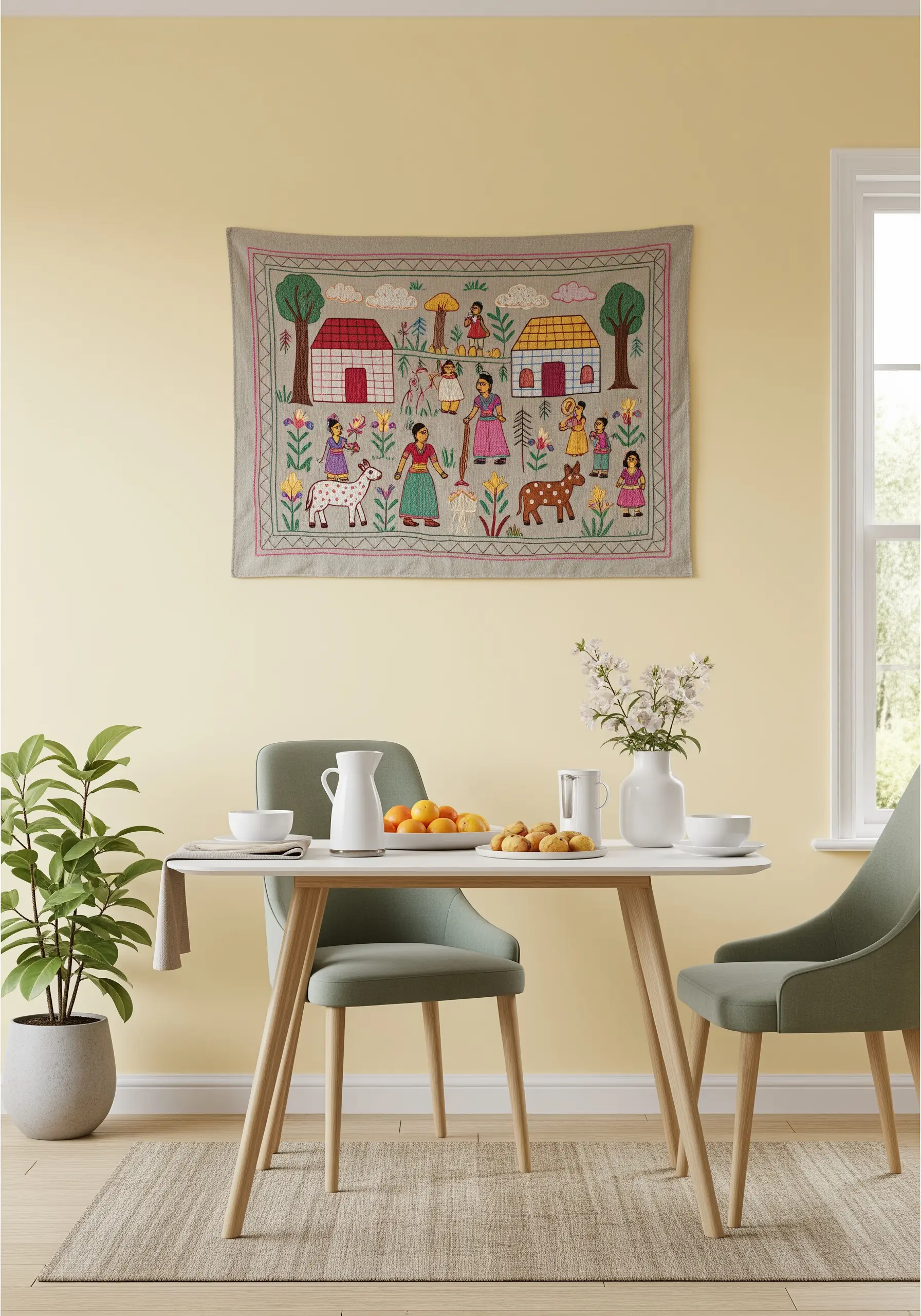 A Sujani embroidery tapestry depicting a colorful folk art village scene.