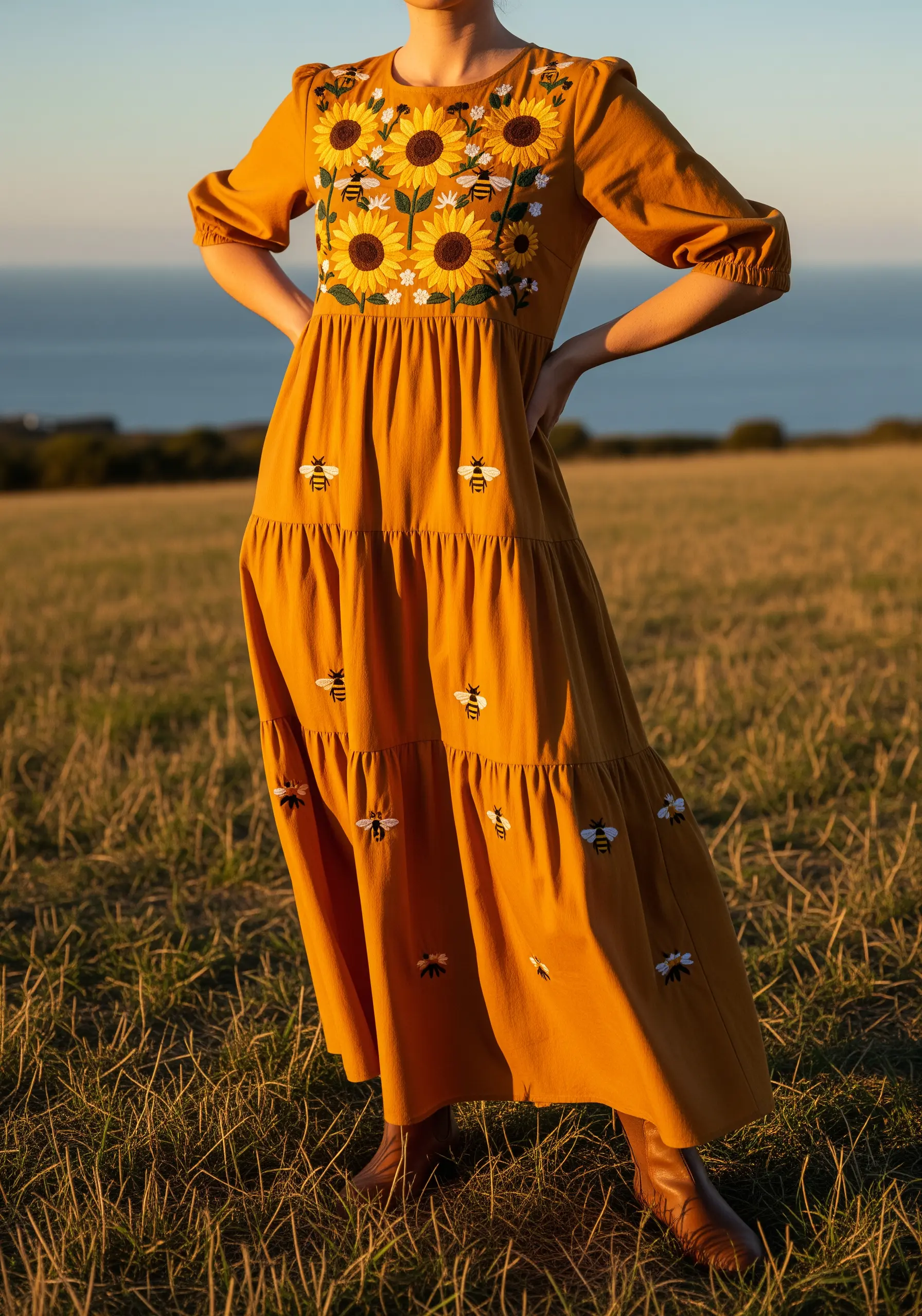 Embroidered sunflowers on the bodice and bees on the tiered skirt of a mustard yellow dress.