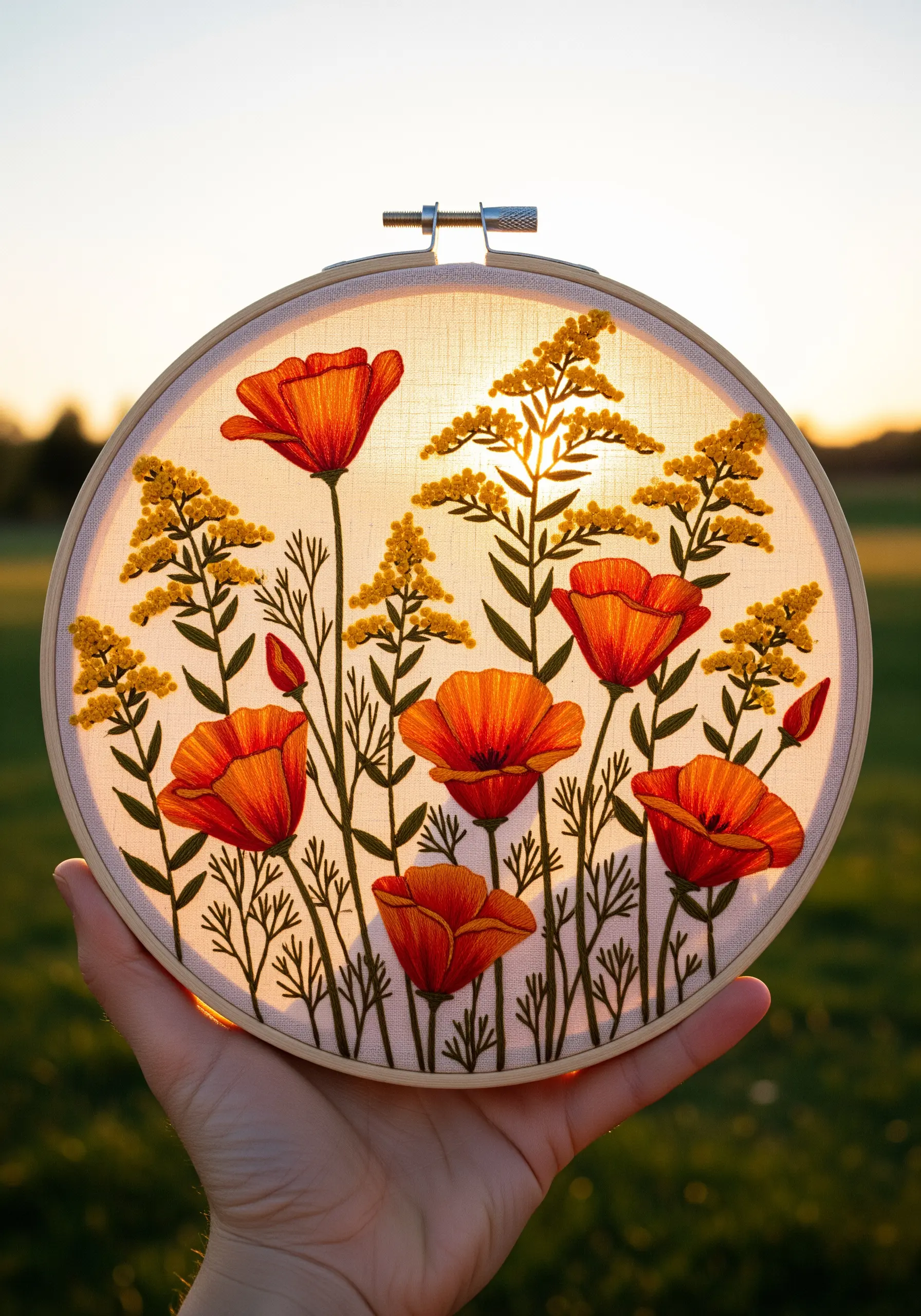 Embroidery of orange and red poppies on sheer fabric, held up to the sunset.