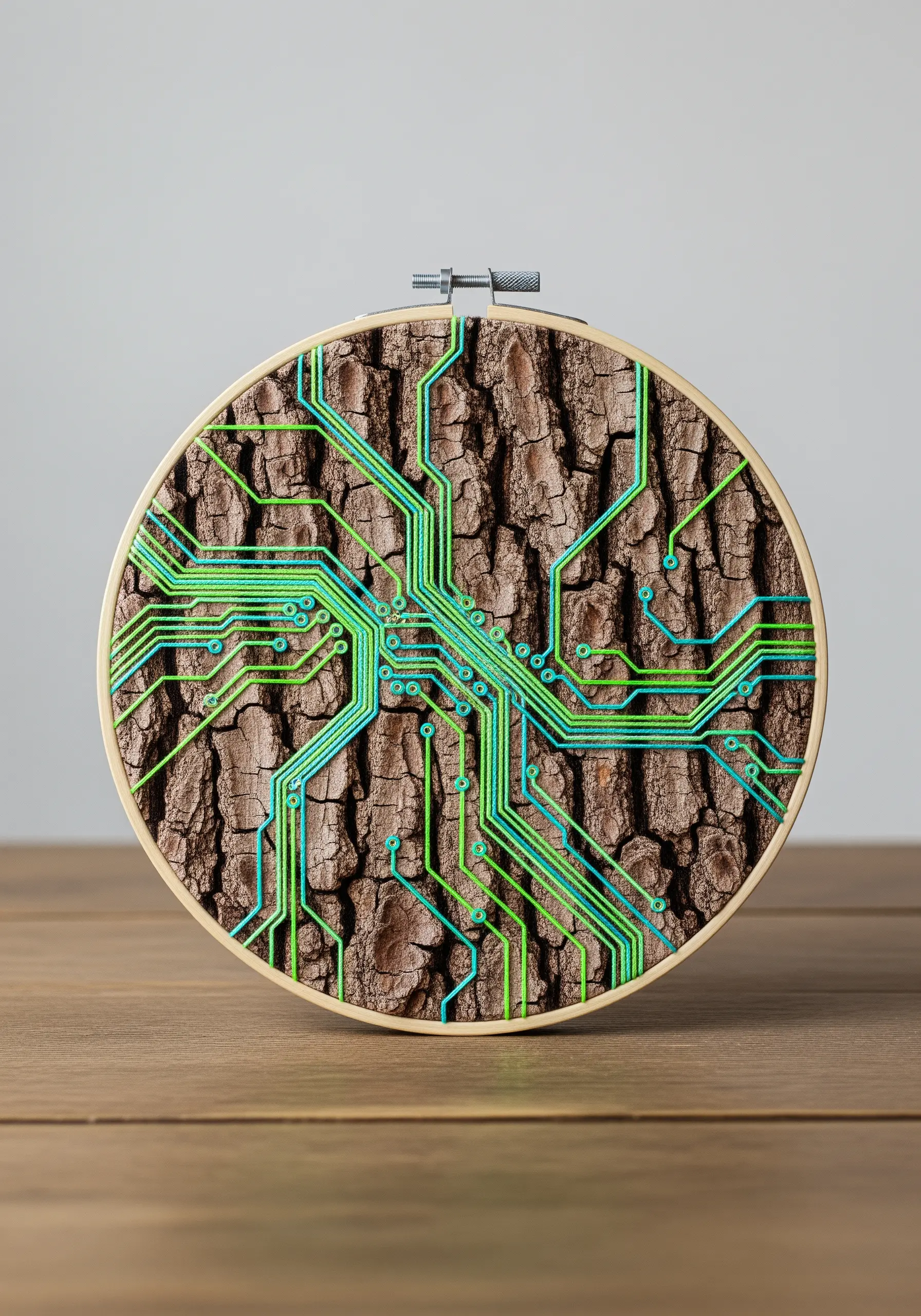 A vibrant green and blue circuit board pattern embroidered onto fabric printed with tree bark.