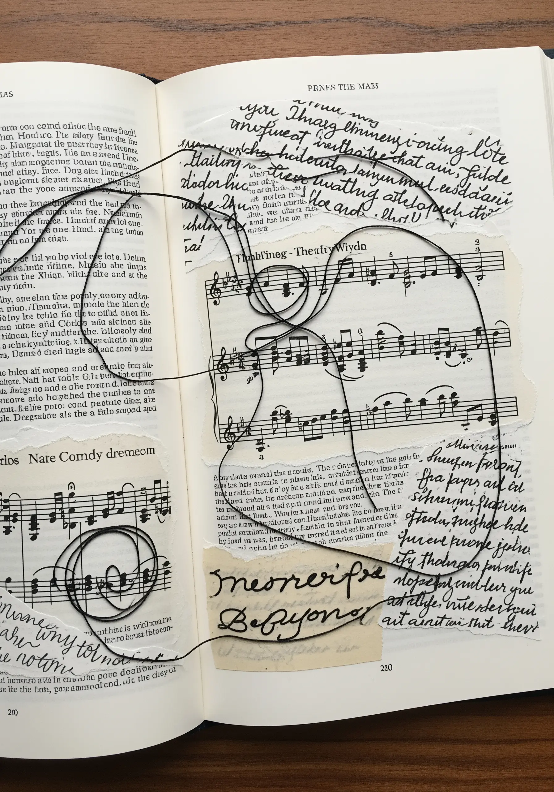 A continuous line thread drawing stitched on transparent material, layered over a book's text and music.