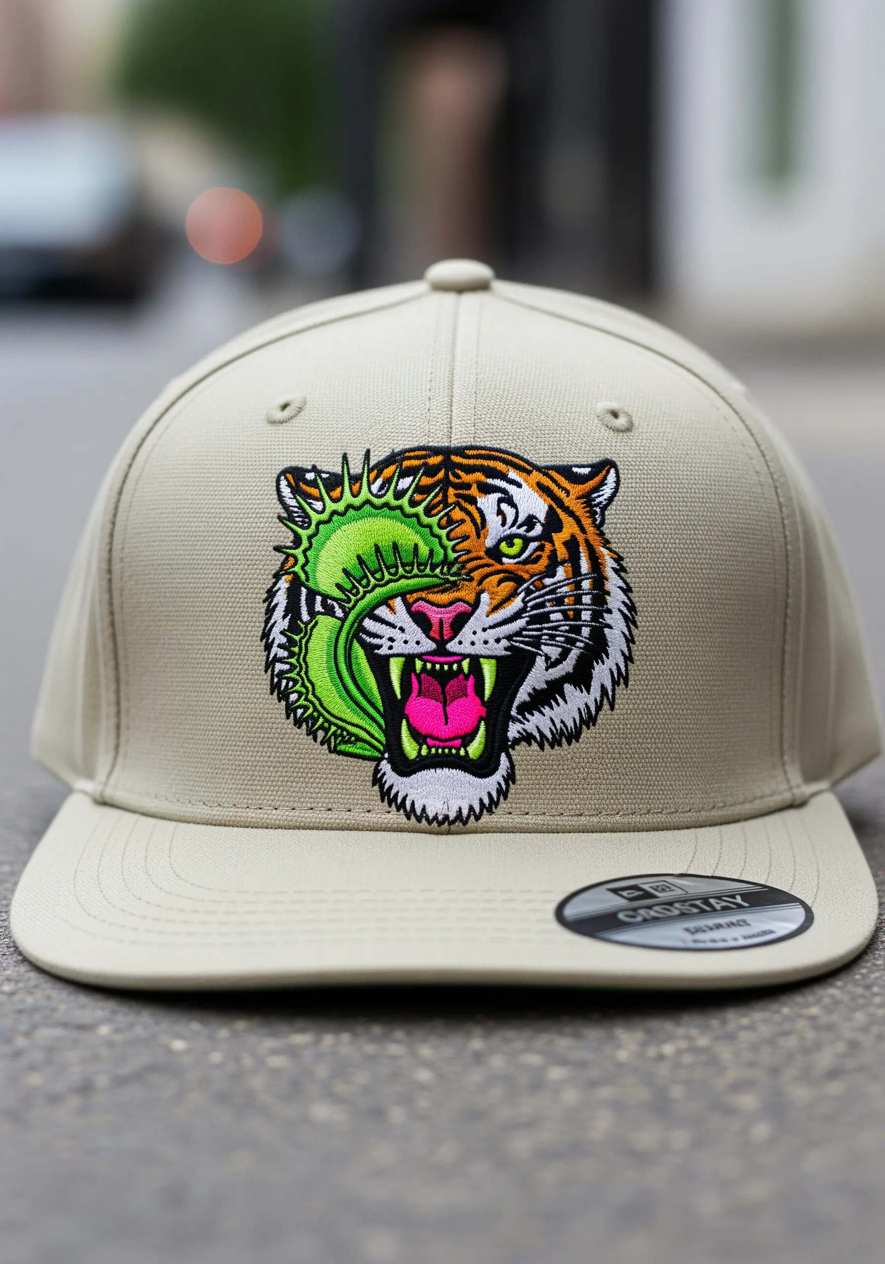 Embroidered baseball cap with a tiger's face merging with a bright green Venus flytrap.