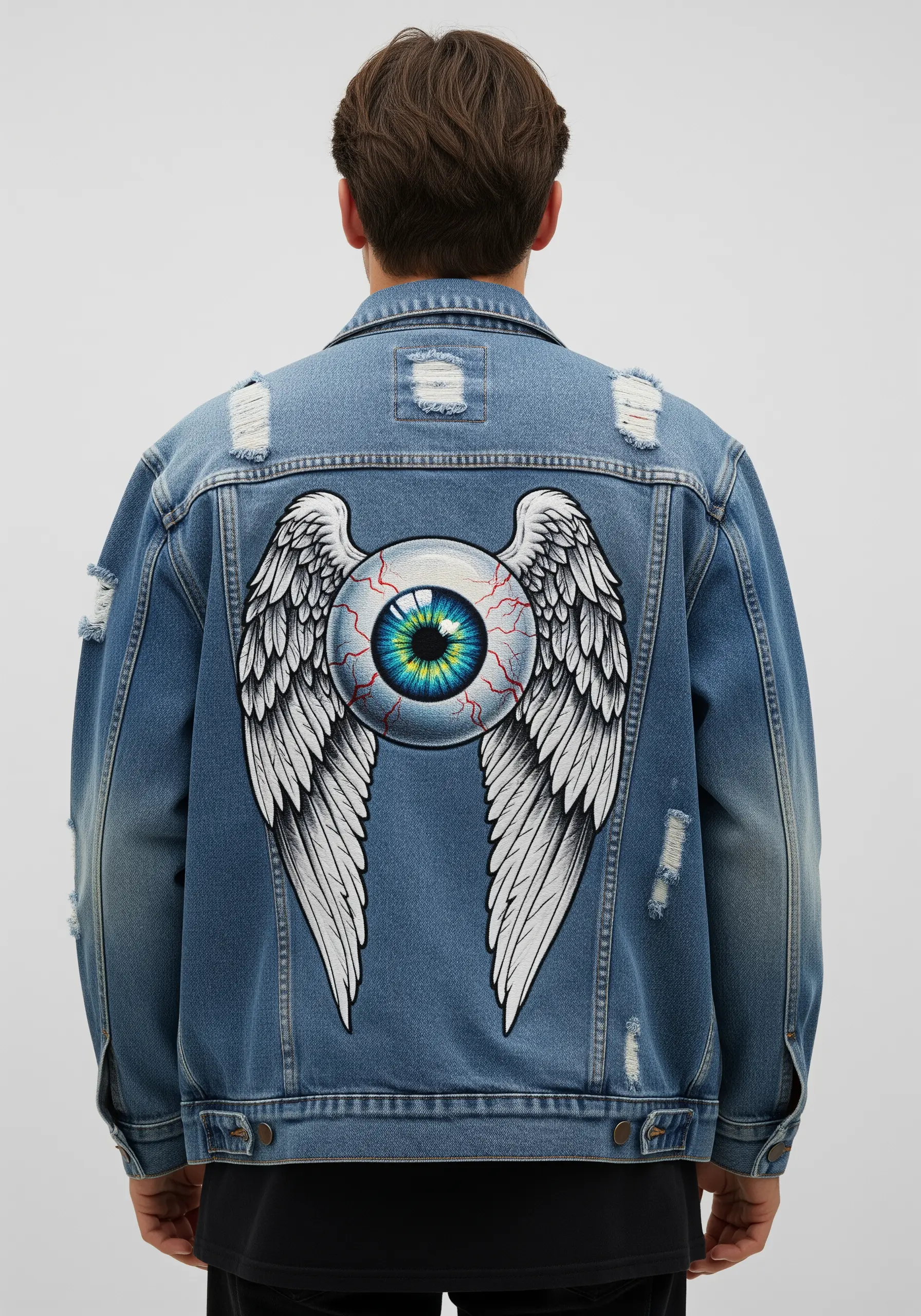 Large embroidered winged eyeball on the back of a distressed denim jacket.