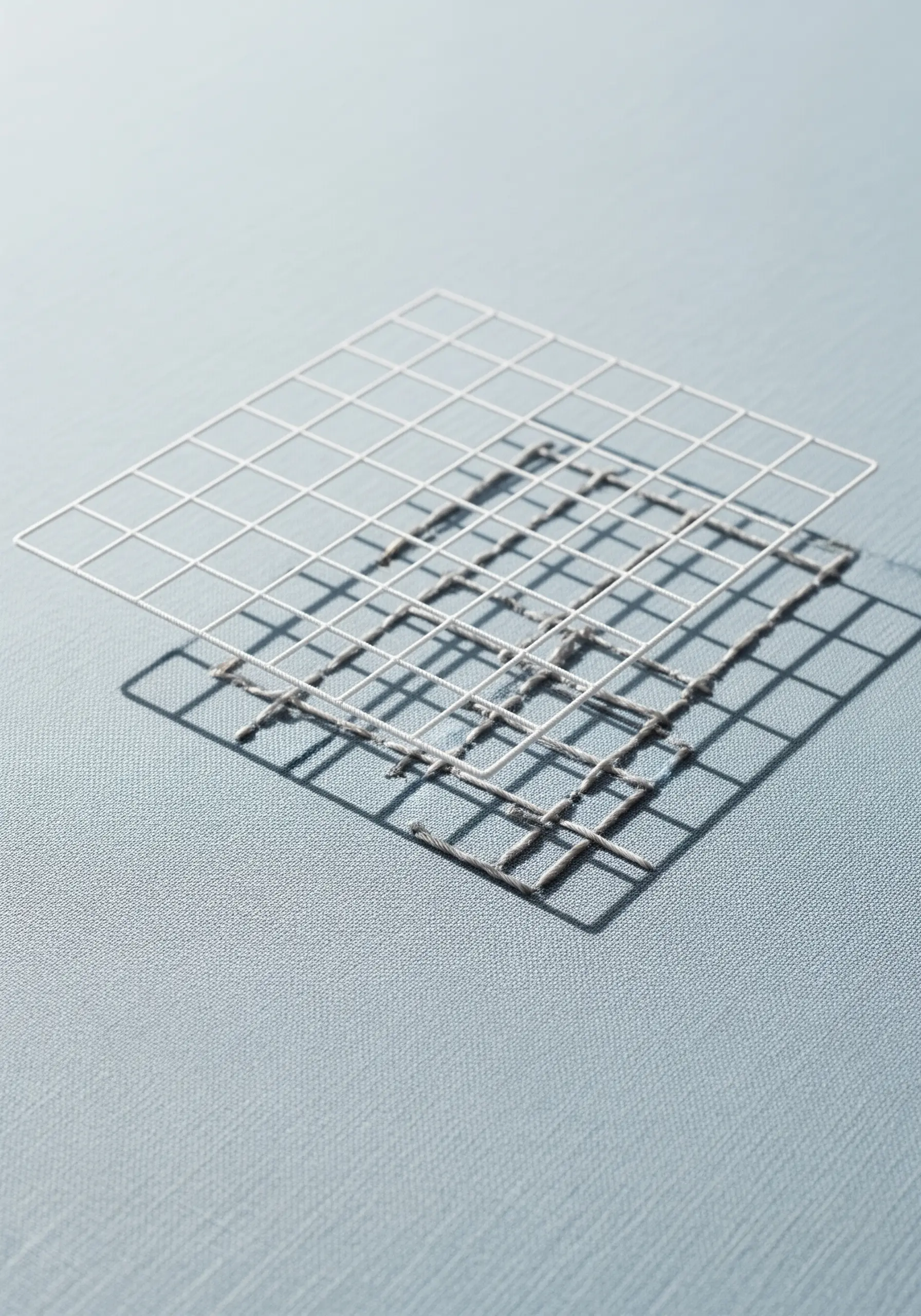 A free-standing white thread grid suspended over blue fabric, casting a realistic shadow.