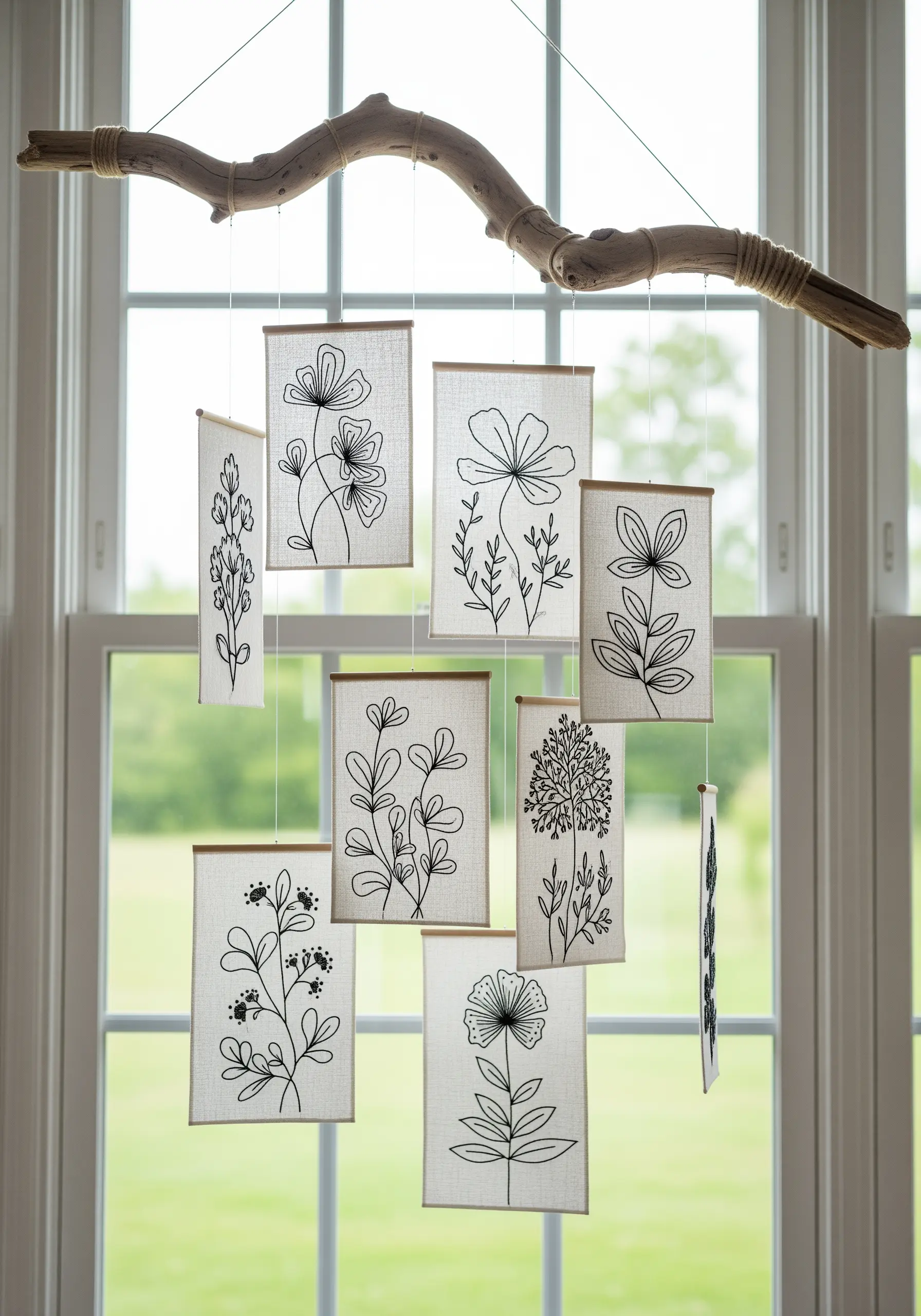A mobile with small, embroidered botanical line art panels hanging from driftwood.