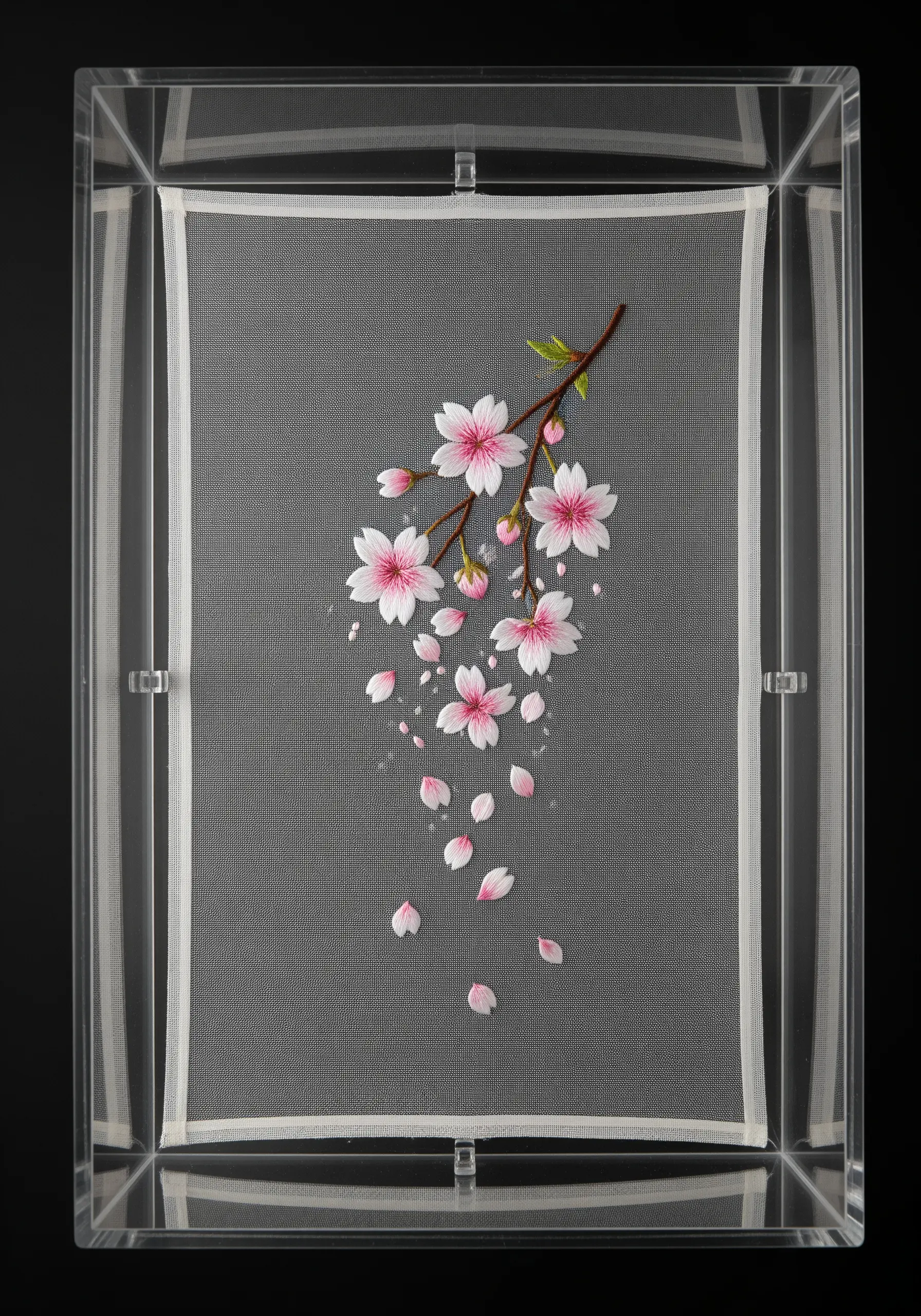 Embroidery of falling cherry blossoms on sheer tulle, framed inside a clear acrylic box.