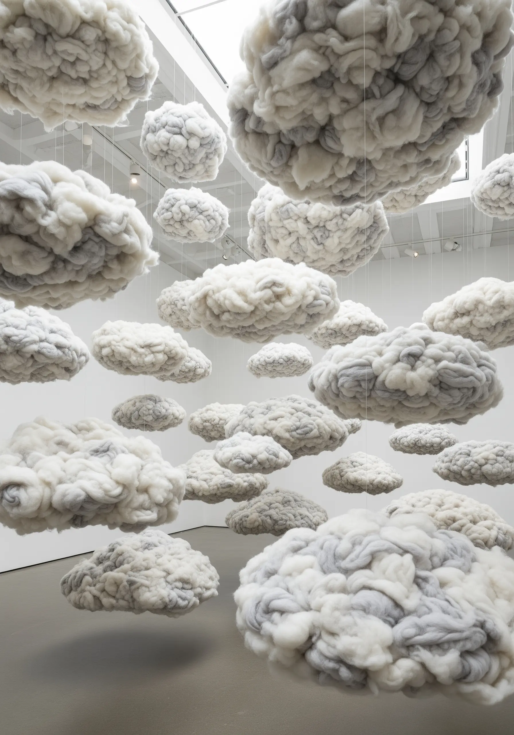 An installation of soft, fluffy clouds made from white and gray felted wool, suspended from the ceiling.