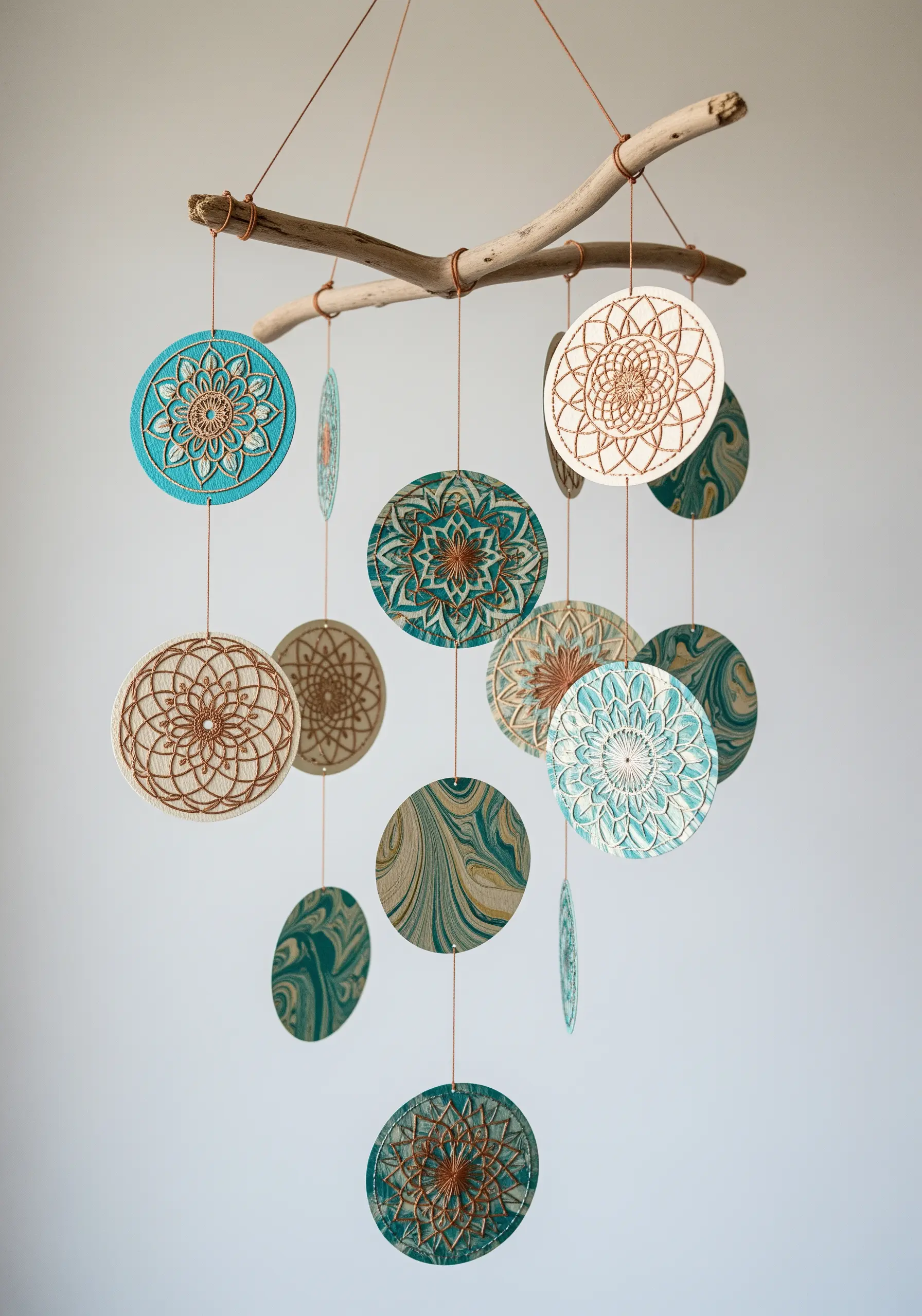 A mobile made of embroidered mandalas on paper discs hanging from a branch.