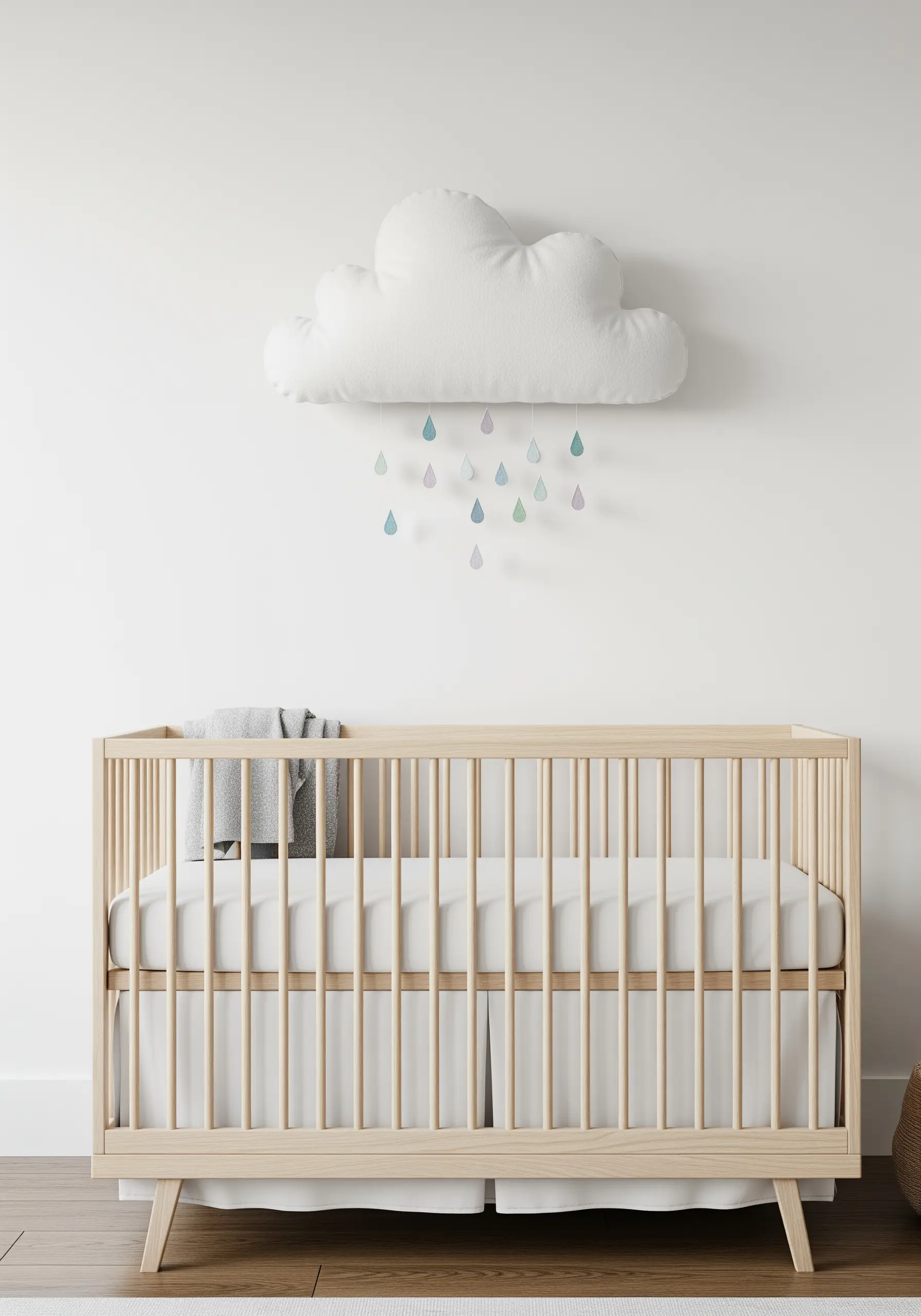 A wall-mounted stuffed cloud with small, embroidered raindrops suspended underneath above a crib.