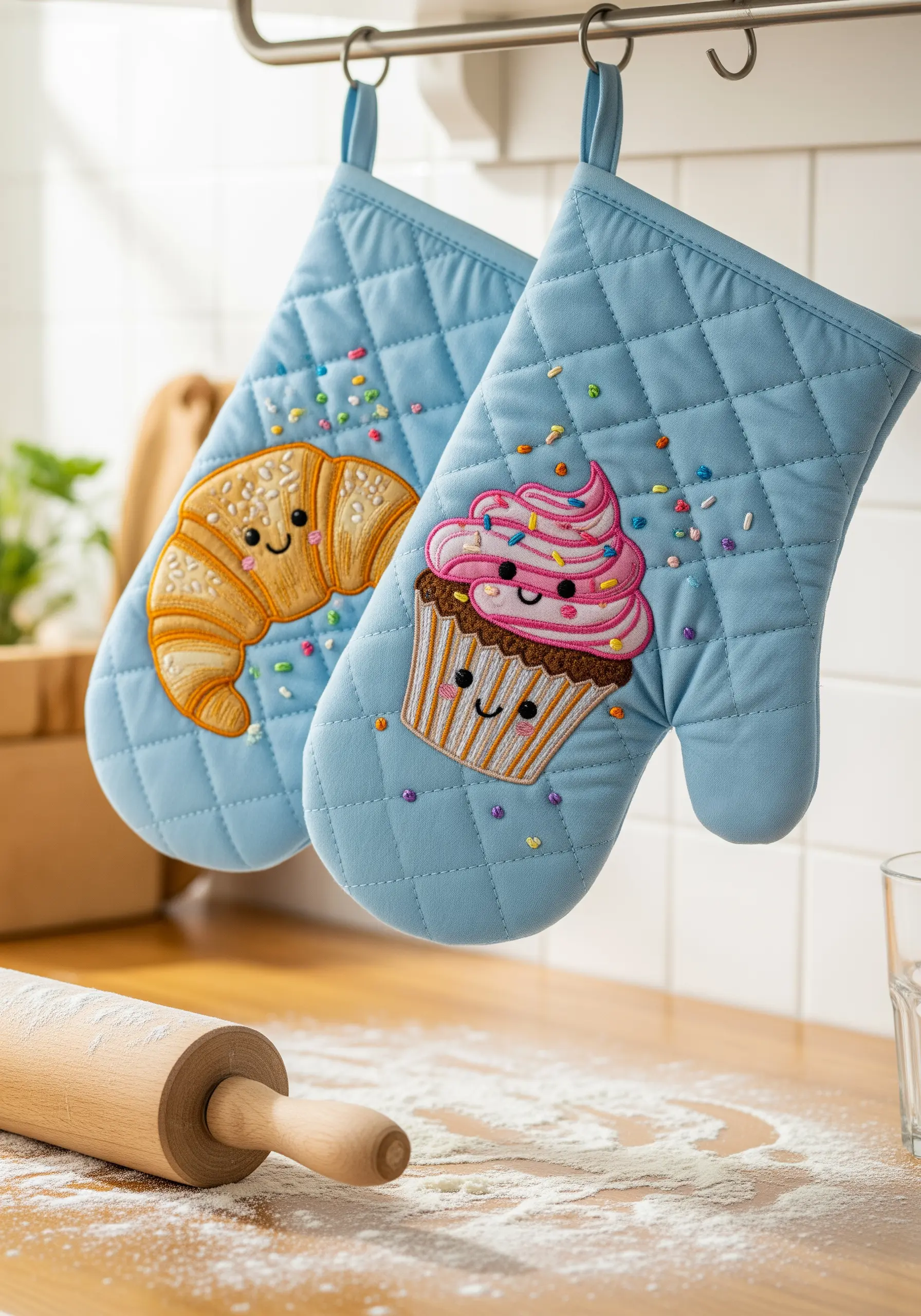 A pair of quilted blue oven mitts embroidered with a cute croissant and cupcake.